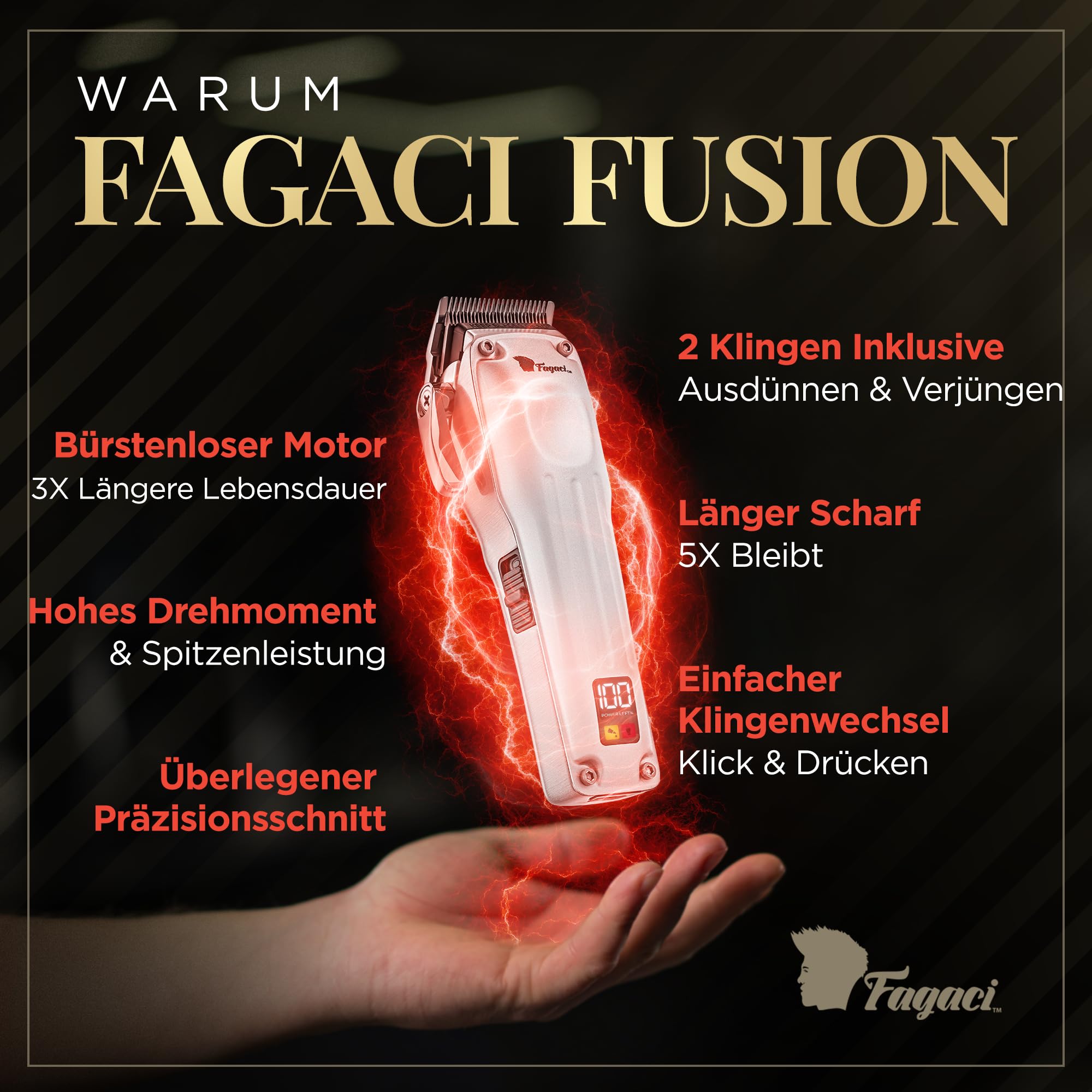 Fagaci Haarschneidemaschine Profi Herren, 2 Klingen Fade und Taper | Fade- und Taper-Klingen, Wechsel per Klick, Keramik oder DLC, kühler Betrieb, 3x Motorlebensdauer, 5x Klingenschärfe