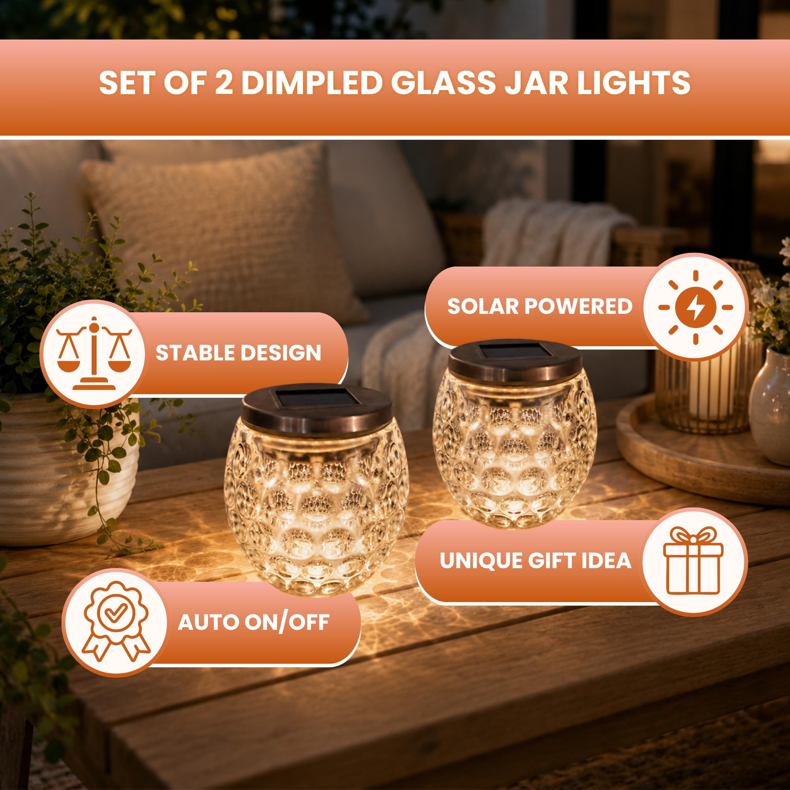 Garden Mile Juego de 2 luces solares de vidrio para tarros, linternas solares LED de color blanco cálido con sensor de encendido/apagado automático, luces de mesa de vidrio pesado con hoyuelos para