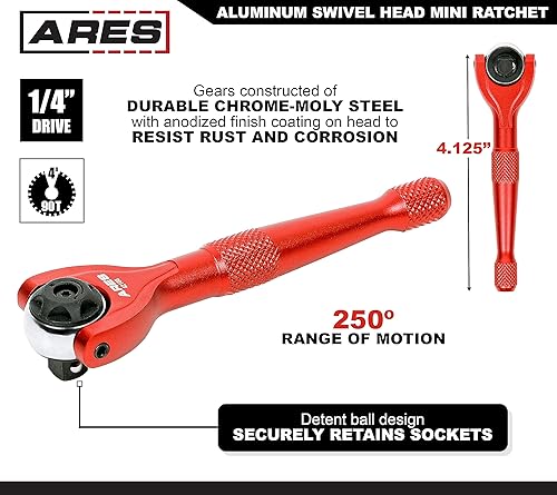 Miniatura 2 de ARES 42108  Trinquete de cabeza giratoria de 90 dientes rojo de 14 de pulgada  Giratorio de 250 grados con bola de retención para retención de