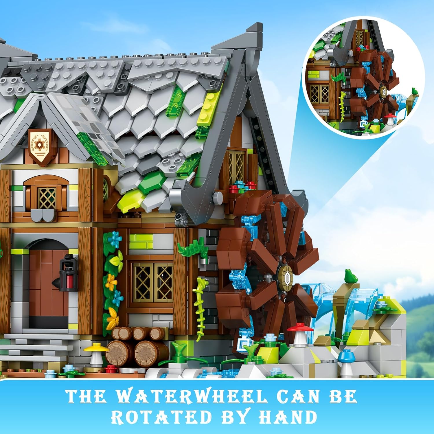Reobrix Medieval Building Set for Adults– Watermill Cabin1873 PCS Medieval House with Rotating Water Wheel, Architecture Collectible Building Bricks Kit for Adults and Medieval Village Fans