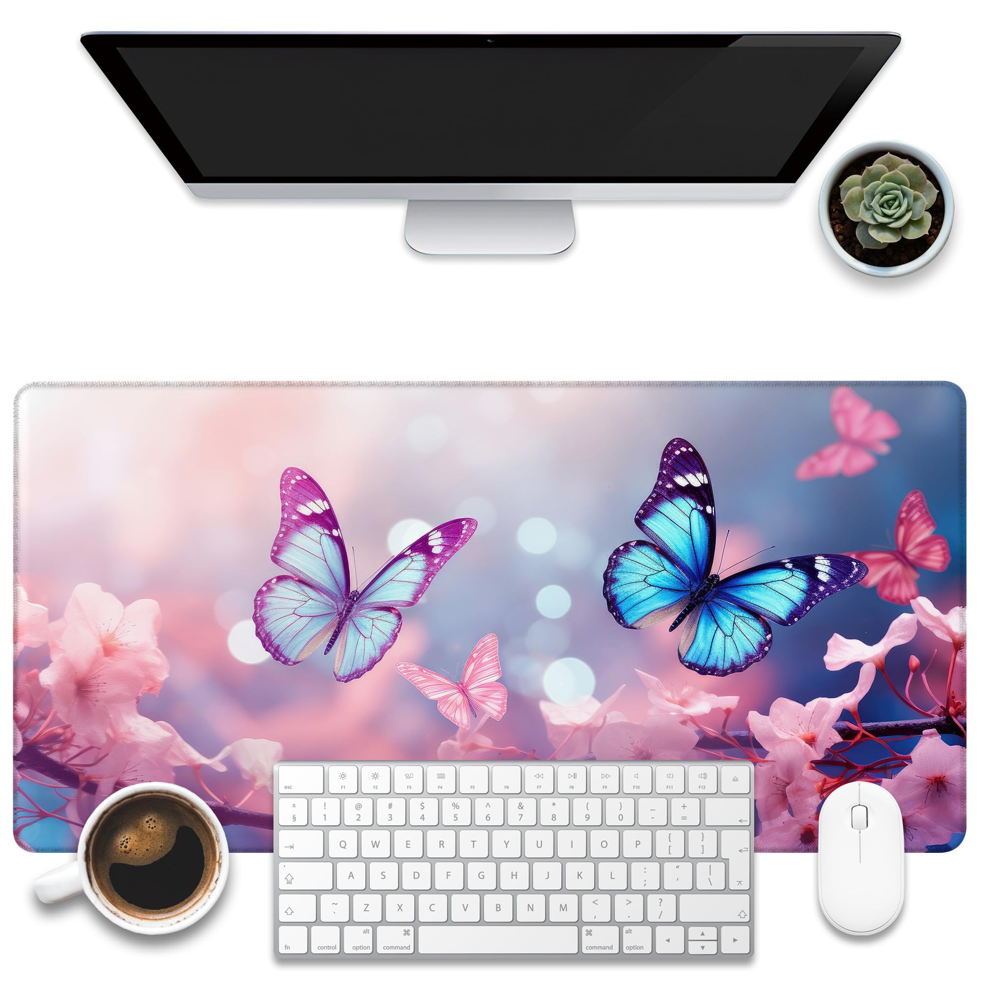 KOAIWPAE Desk Pad,Flying Blue Butterfly Desk Mat,Pink Cherry Blossom Branches Large Gaming Mouse Pad for Desk,31.5"x15.7" Extended Big Computer