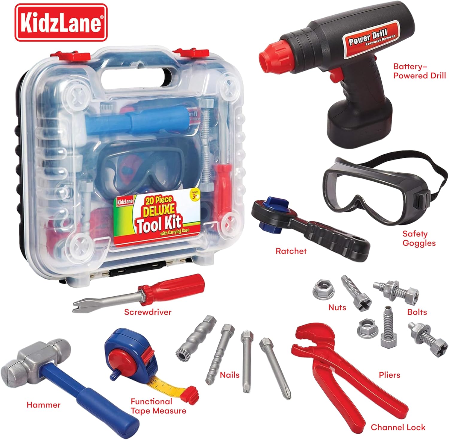 Kidzlane 20-Piece Deluxe Toddler Tool Set with Carrying Case
