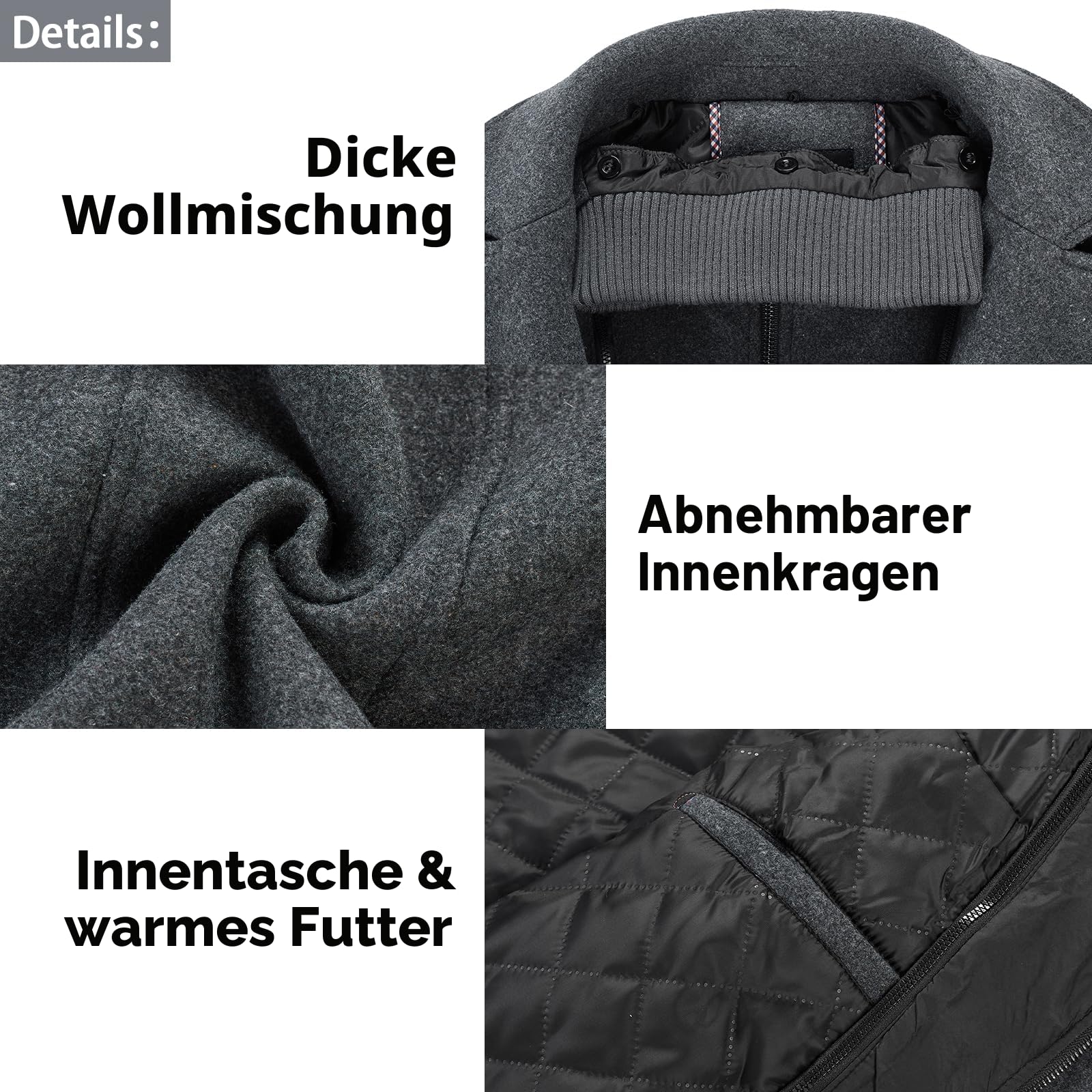 KUDORO Herren Wintermantel Wolle Kurzmantel Herren Wollmantel Mittellang Slim Fit für Business Freizeit Peacoat Herren Casual