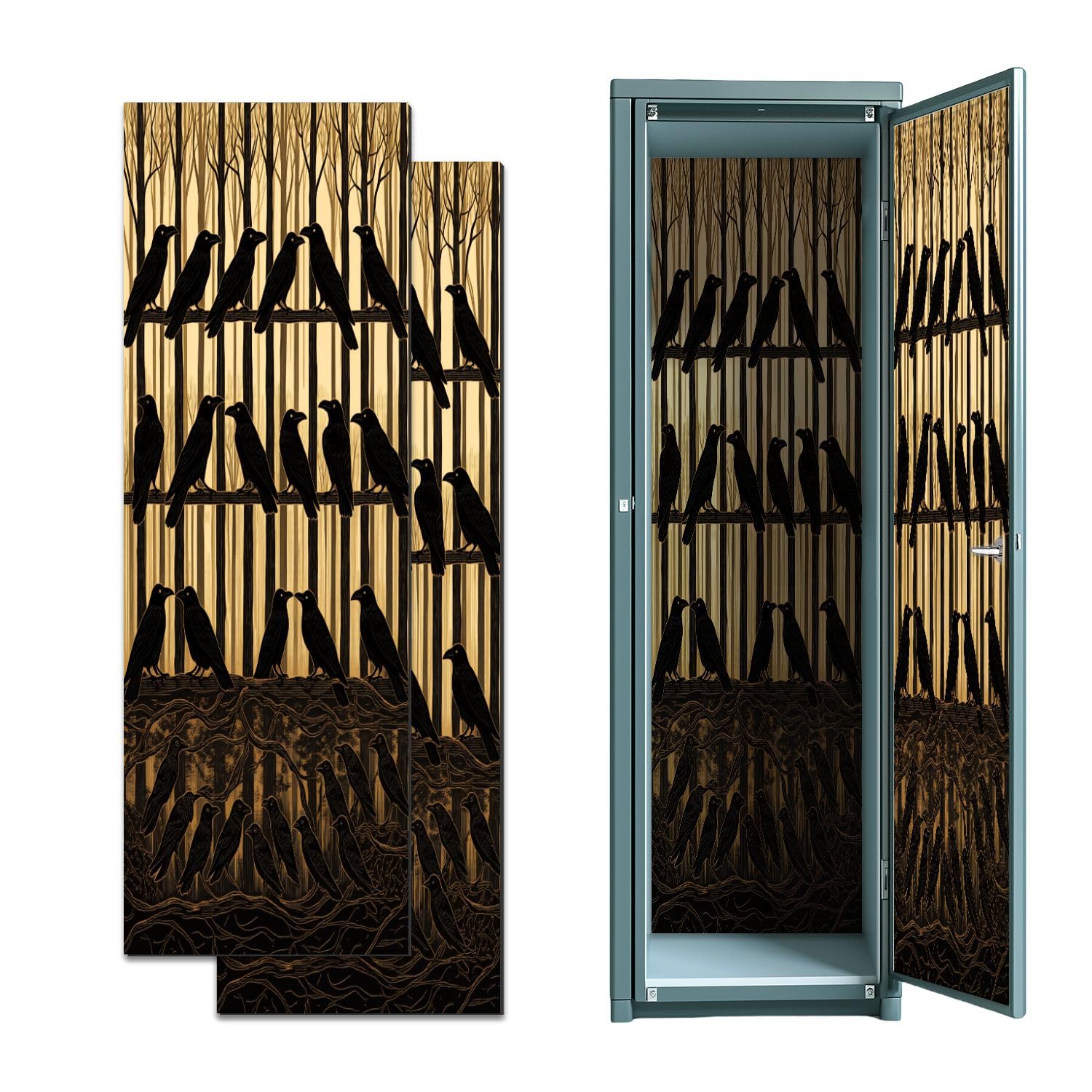 2 Pcs Locker Magnetic Wallpaper Mystic Black Crows Perched Branches Forest Landscape 12" x 36" Wall Magnetic Sticker Removable Locker Accessories Decor Easy Install for Office School