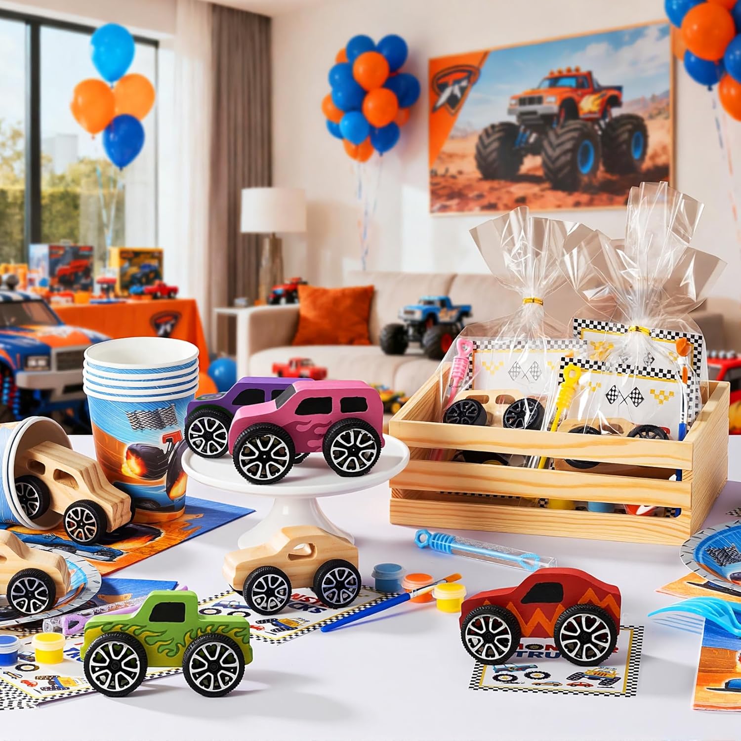 12 PCS Monster Truck Party Favors & DIY Craft Kit - Unfinished Wooden Truck Painting Set with Bubble Wands, Paints, Brushes & Cards - Birthday Party Favors for Kids, Boys & Girls, Classroom Rewards - Image 2