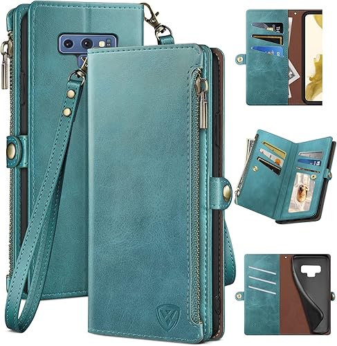 Miniatura 8 de XcaseBar Funda tipo cartera para Samsung Galaxy Note 9 con cremallera Bloqueo RFID Titular de la tarjeta de crédito, Libro de folio con tapa PU