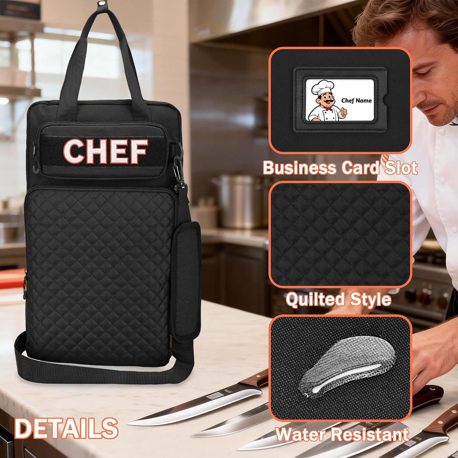 Professional Knife Bag with Front Pocket for Cookbook & Pad, Chef Knife Bag With Shoulder Strap, Knife Carrying Case for Kitchen Tools & Chef Utensils, Quilted Black