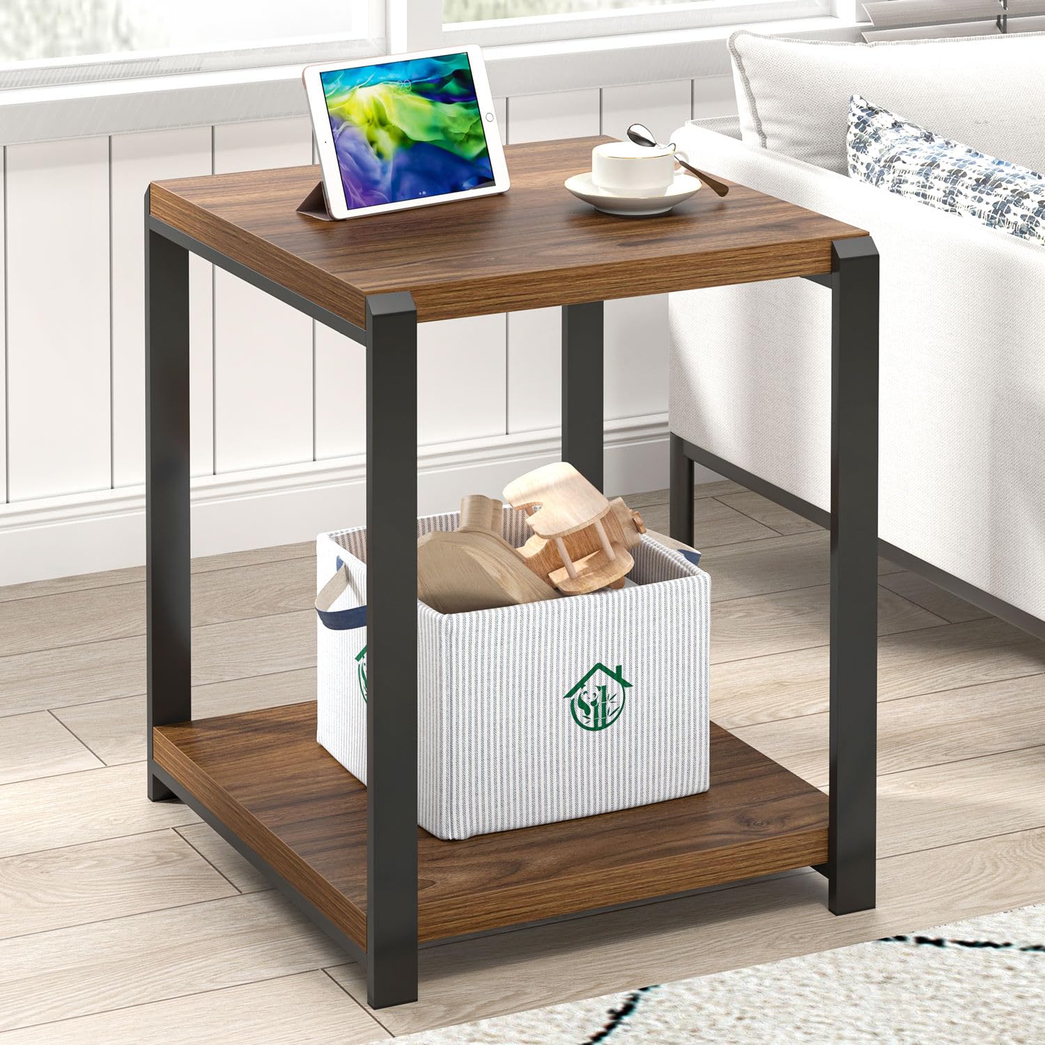 FOLUBAN Modern End Table, Square Side Table with Storage Shelf for Living Room, Walnut