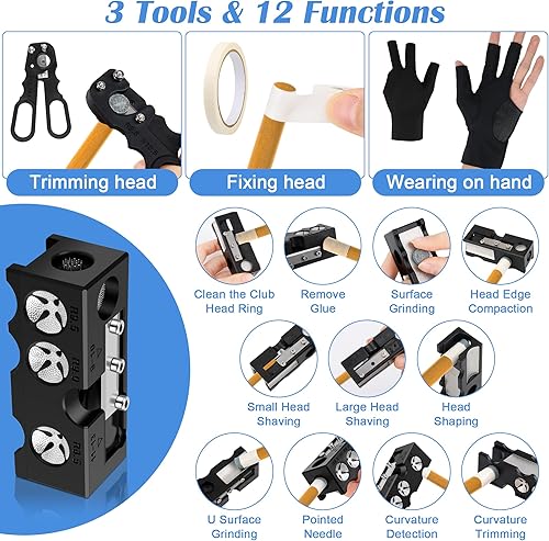 Miniatura 6 de Kit de repuesto de 23 puntas de taco de billar, 11 en 1, 2 cubos de tiza, 6 casquillas, 6 puntas de taco, 2 cuchillas, 2 llaves, 1 tijera, 1 cinta,