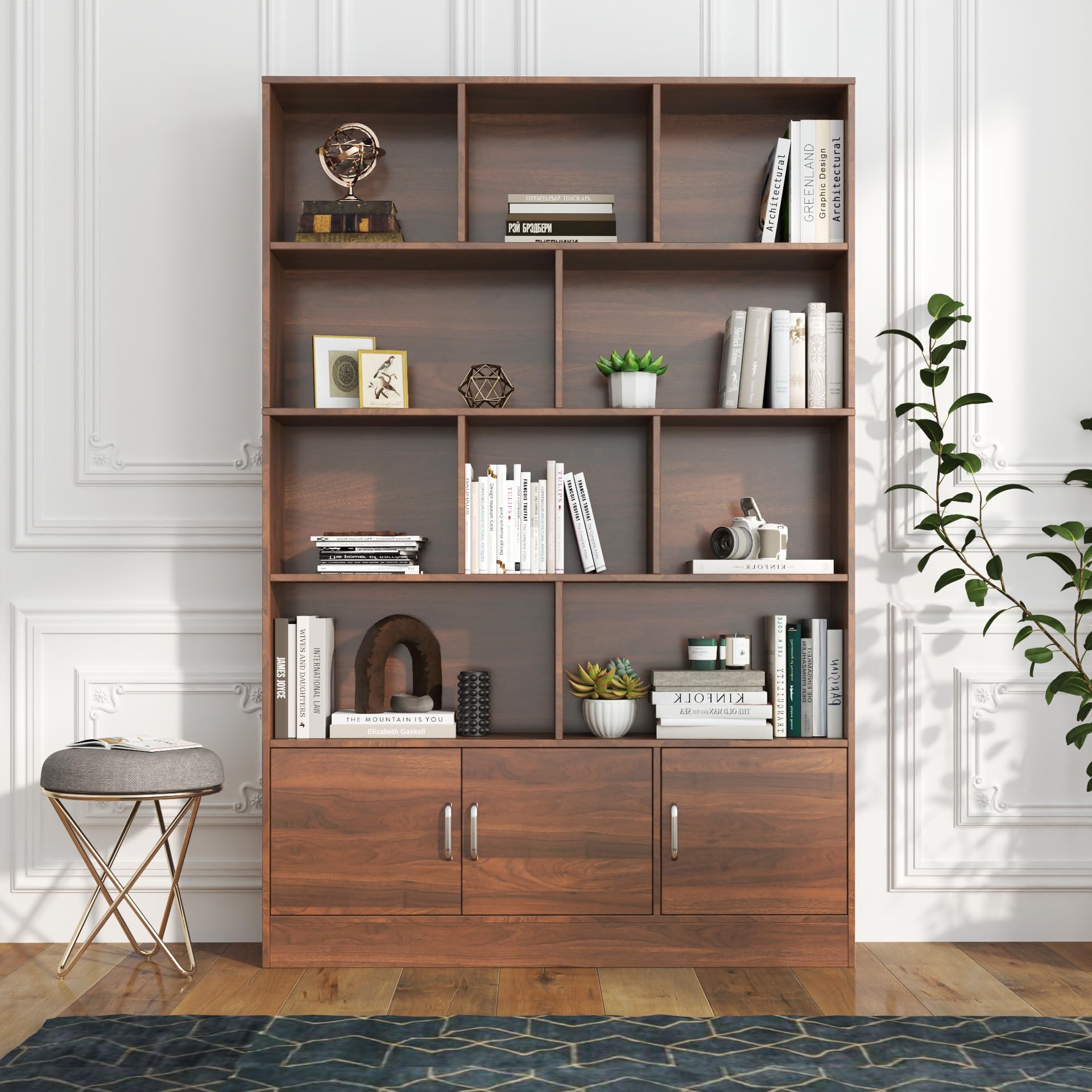 71" Tall 4-Tier Bookshelf with 10 Cubes & 3 Doors, Open Shelf Bookcase with Closed Cabinet, Modern Cube Storage Organizer for Living Room and Home Office, Walnut