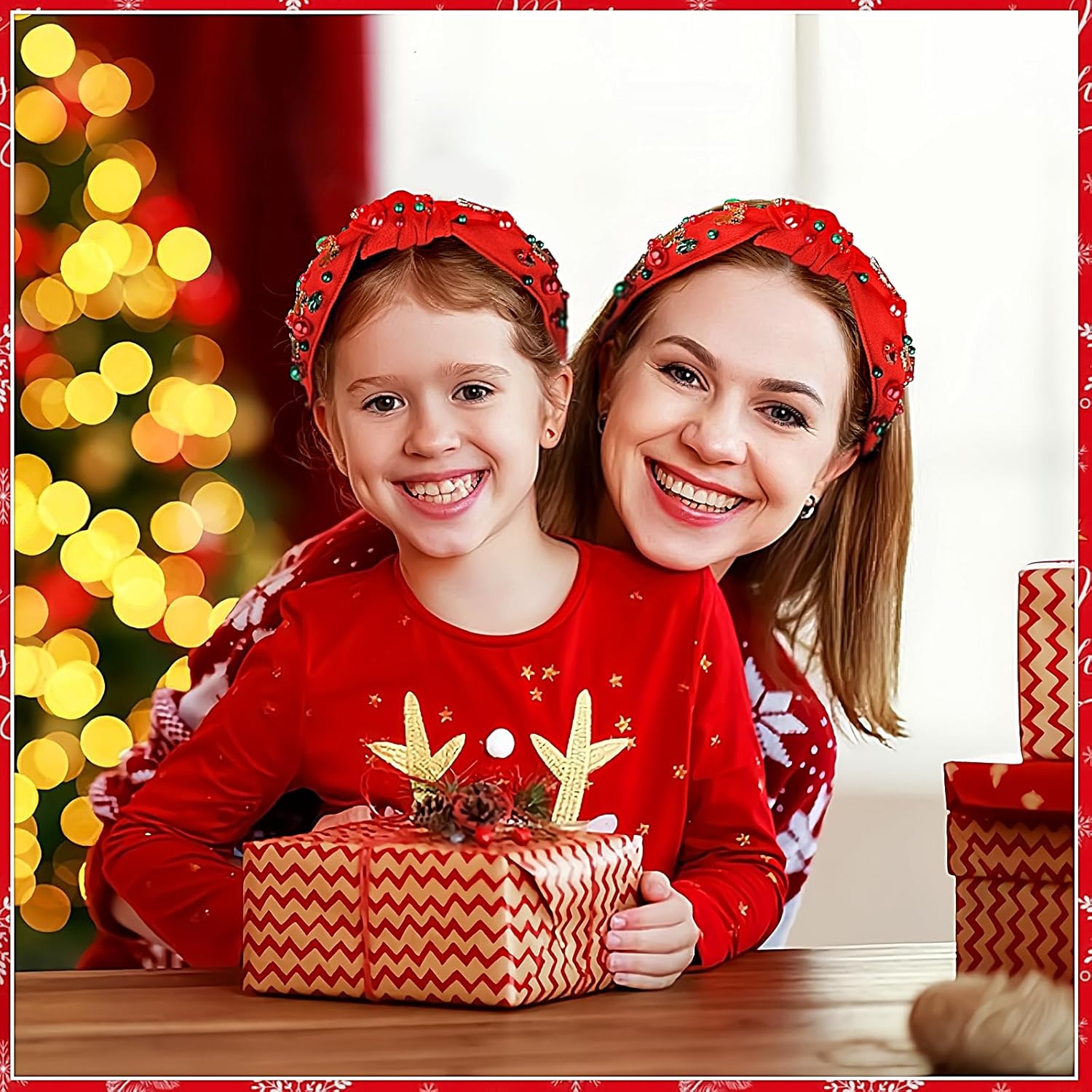 Christmas Headband for Women Pearl Knotted Headband Xmas Red Green Pearl Bow Reindeer Snowflake Rhinestone Crystal Jeweled Hairband Wide Top Knot Hair Bands (05.elk red, 1 Count (Pack of 1)) - Image 5