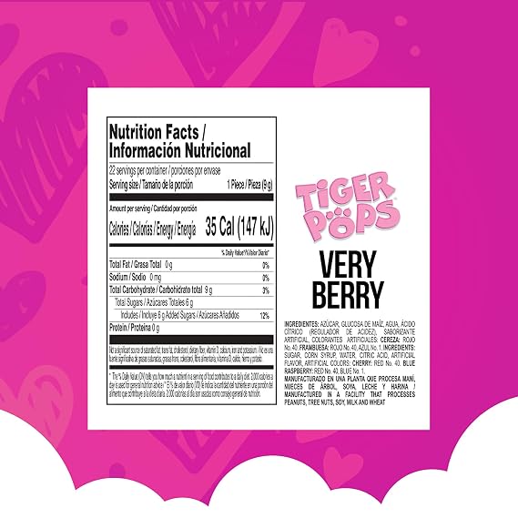 Colombina Very Berry Tiger Pops Heart Shaped Lollipops Cherry Blue Raspberry Individually Wrapped Candy for Parties Classroom Exchange Kids Treats, 22 Count (Pack of 1)