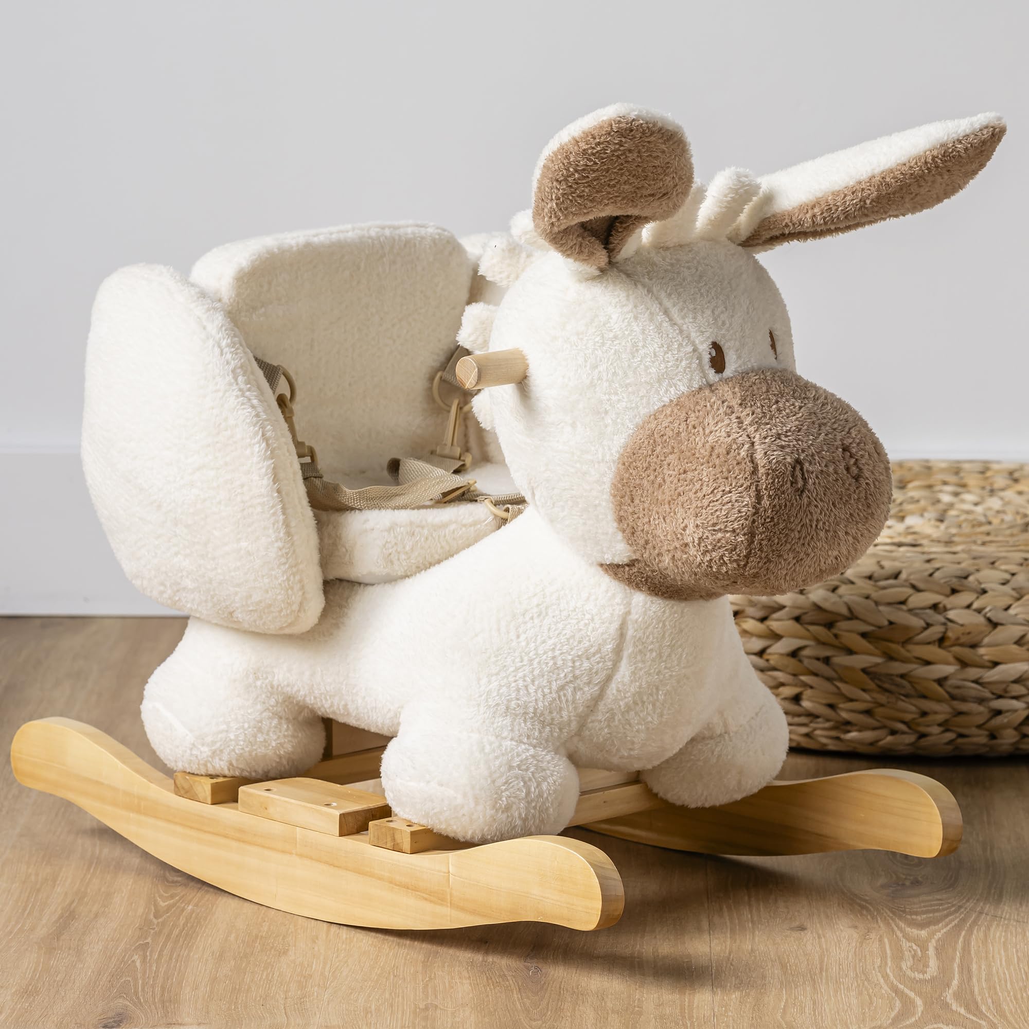 Nattou Schaukeltier, Esel, Inkl. Sicherheitsgurt, Fröhliches Hin- und Herschaukeln, 100% Polyester, Teddy, Ecru