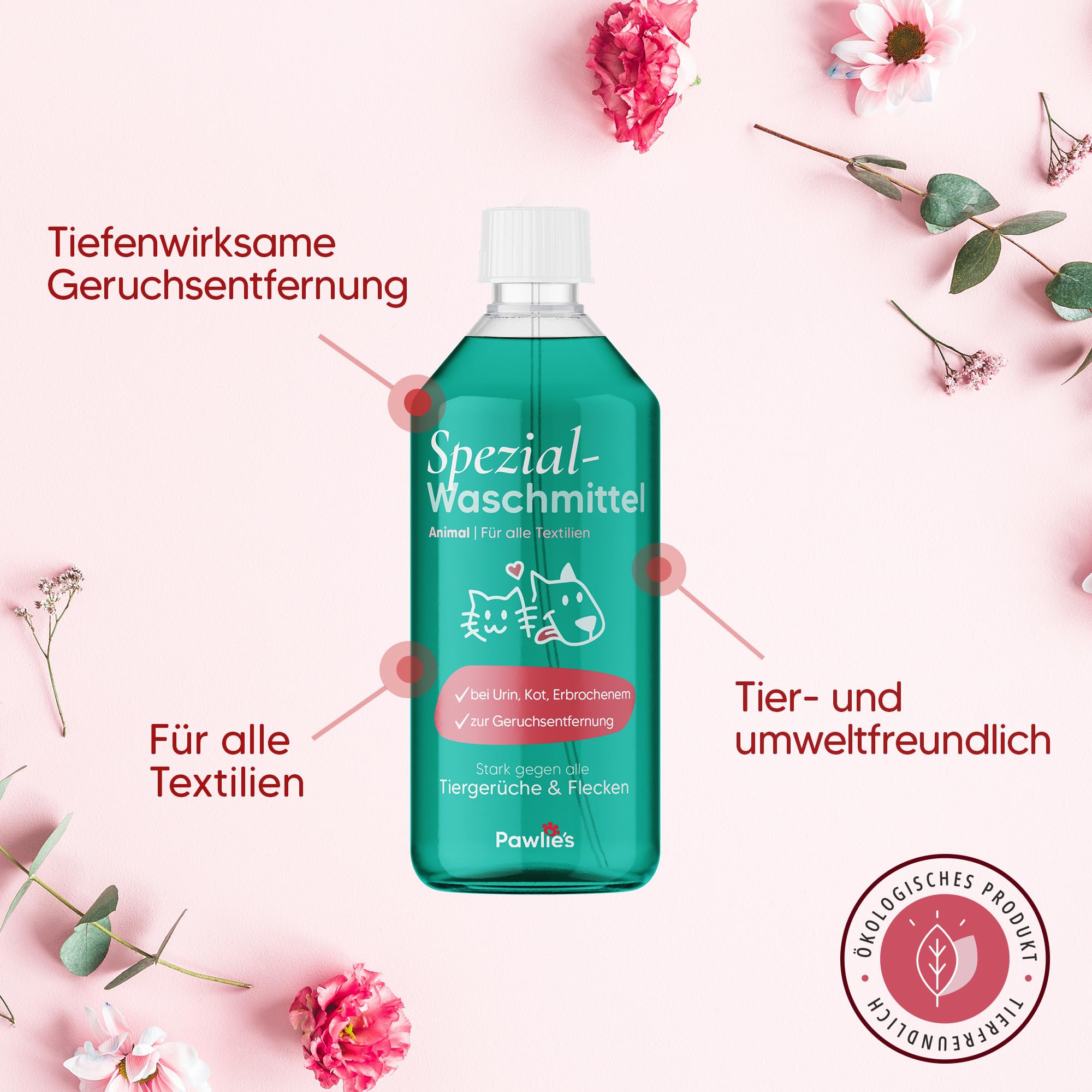 Pawlie's Geruchsentferner & Hygienespüler Wäsche gegen Katzenurin 1L | Neutralisiert Katzenurin, Tiergeruch und Schweiß in Sport- & Funktionswäsche, statt zu überdecken. Schon ab 20 Grad.