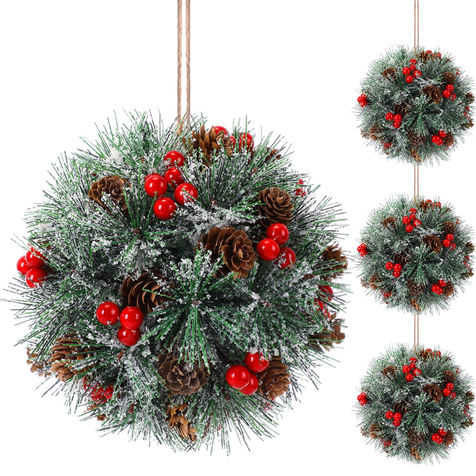 Sosation 2 Pcs 8 Inch Artificial Christmas Kissing Ball Decoration with Hanging Pine Cones, Frosted Branches and Berries Christmas Collection Holiday Ornament for Home and Party Decor (Stylish Style)