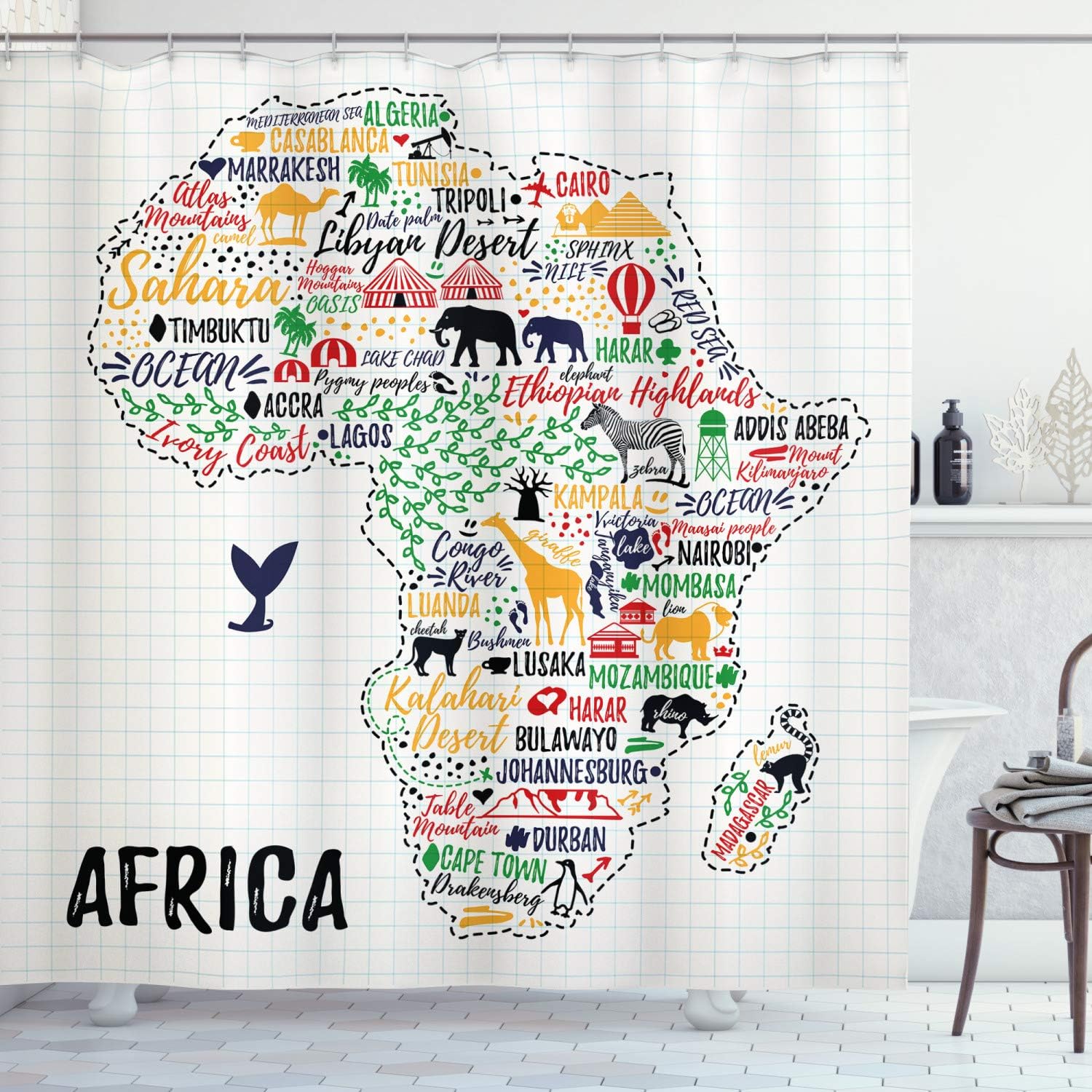 Ambesonne Saying Shower Curtain, Colorful Lettering of Countries in Continent with Animals Art Print, Cloth Fabric Bathroom Decor Set with Hooks, 69" W x 84" L, Ivory Multicolor