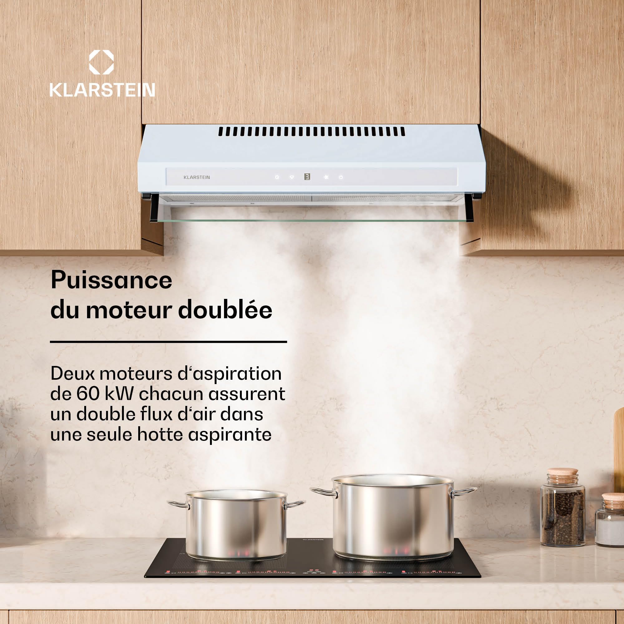 Klarstein Purista Force Hotte aspirante, Hotte murale de cuisine 60 cm, 343 m³/h, Double moteur, CEE C, Panneau tactile LED, Éclairage LED, Filtre à charbon actif