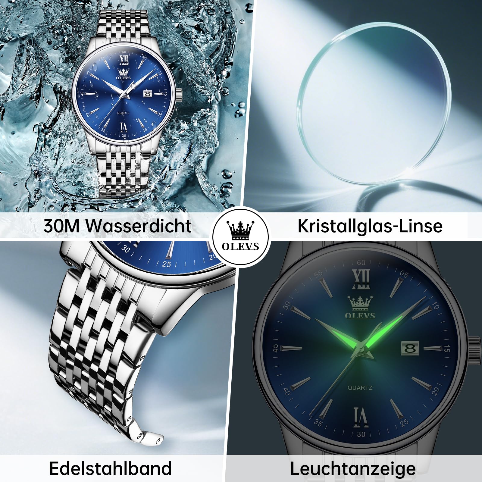 OLEVS Uhren Herren, Analoge Quarz Leucht Armbanduhr, wasserdichte Datum Edelstahl Herrenuhr, Klassische Mode Business Freizeituhren, Elegantes Geschenk für Männer
