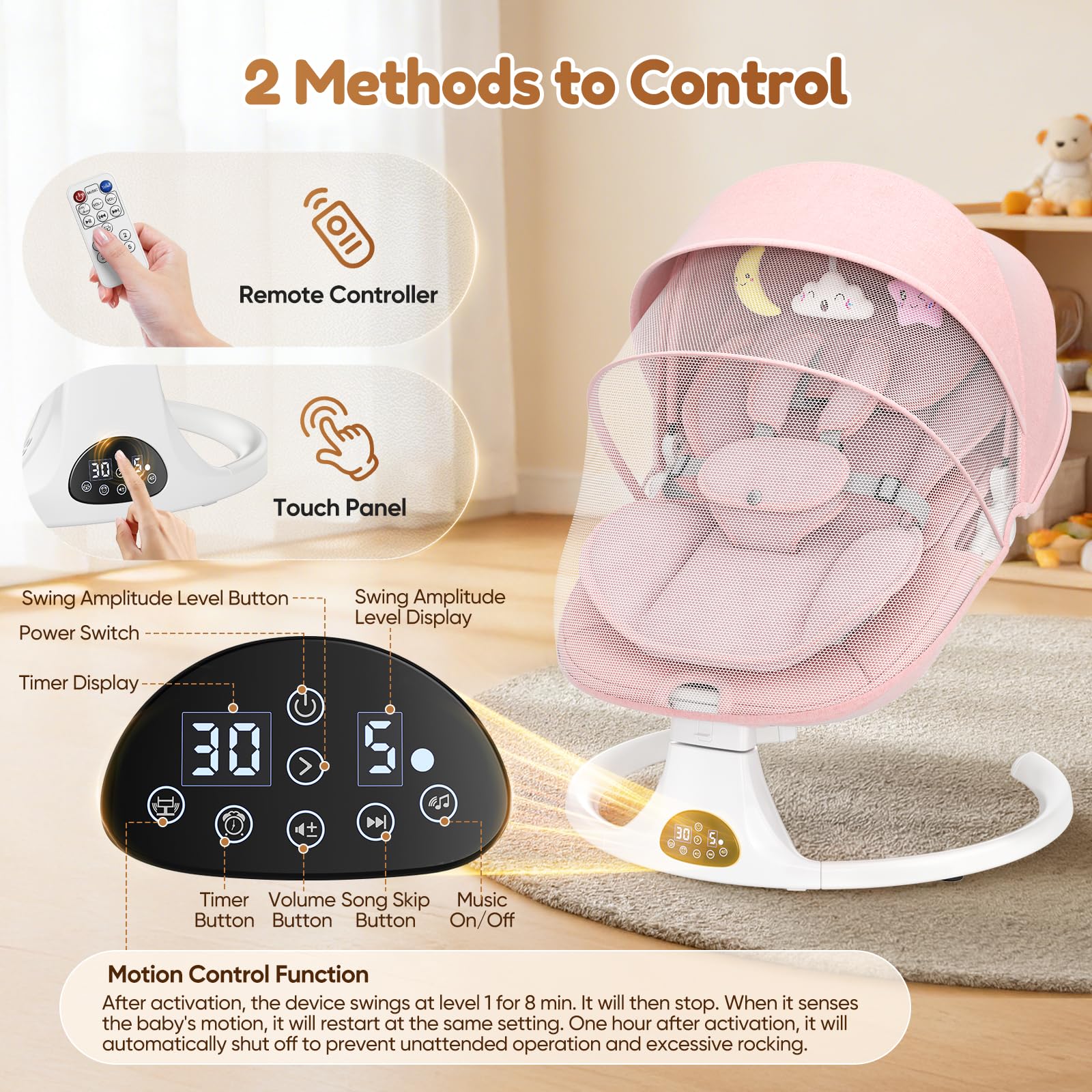 Hamaca eléctrica Bebe con arnés de 5 Puntos, 5 Modos de balanceo, Temporizador de 3 Niveles, Mando a Distancia y música, se Puede Utilizar en Interiores y Exteriores (Rosa)