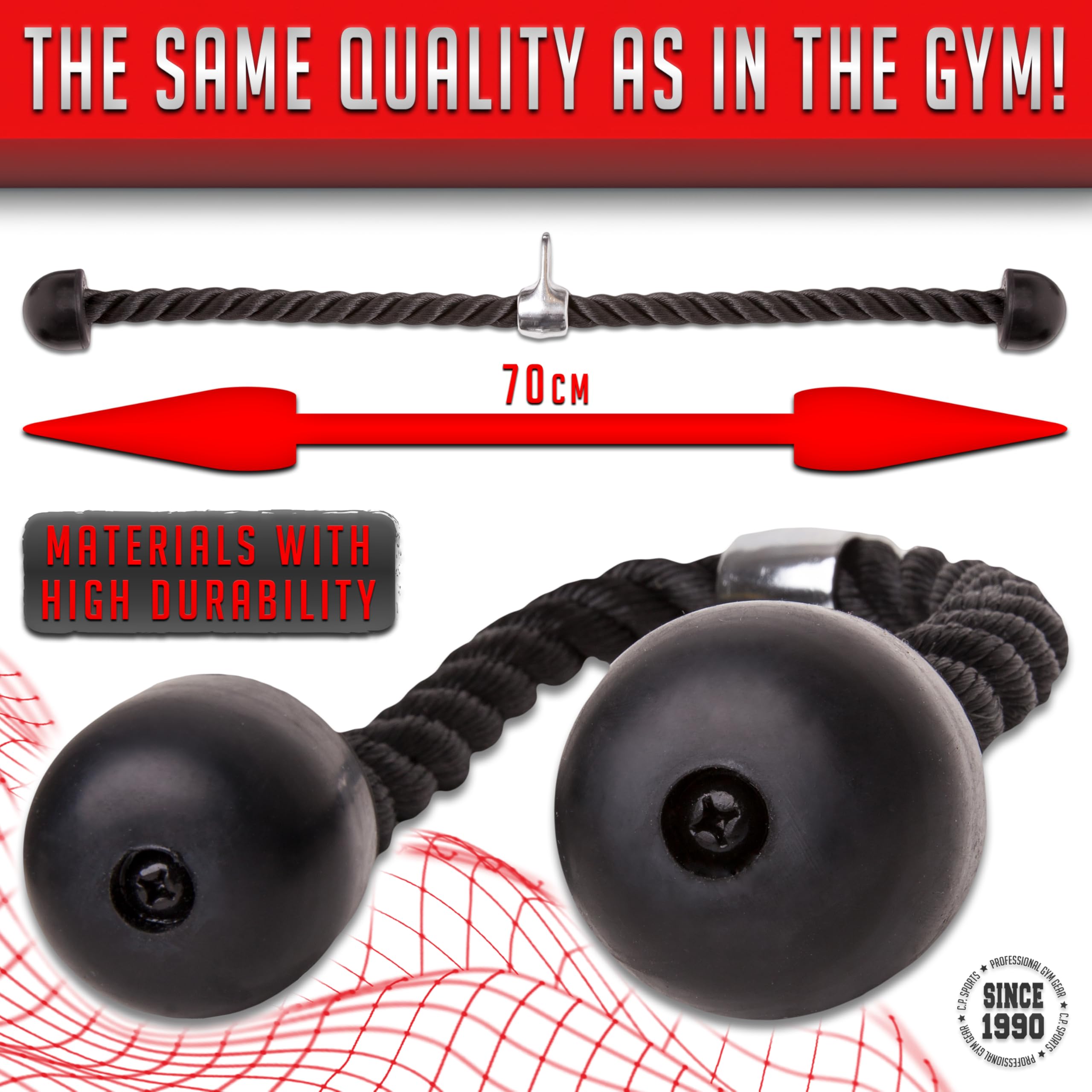 C.P.Sports Cuerda para tríceps, cuerda de tríceps, cuerda de bíceps de 70 cm, cuerda para ejercicios de tracción, cable de cuerda, poleas, entrenamiento de fuerza, fitness, culturismo, incluye
