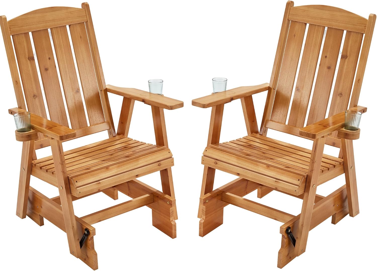 HOMREST Wooden Patio Glider Chair Set of 2 with Cup Holders Heavy Duty 700LBS Outdoor Rocking Chair with Ergonomic Deep Contoured Seat and High Roll Back for Porch Garden Balcony (Brown)