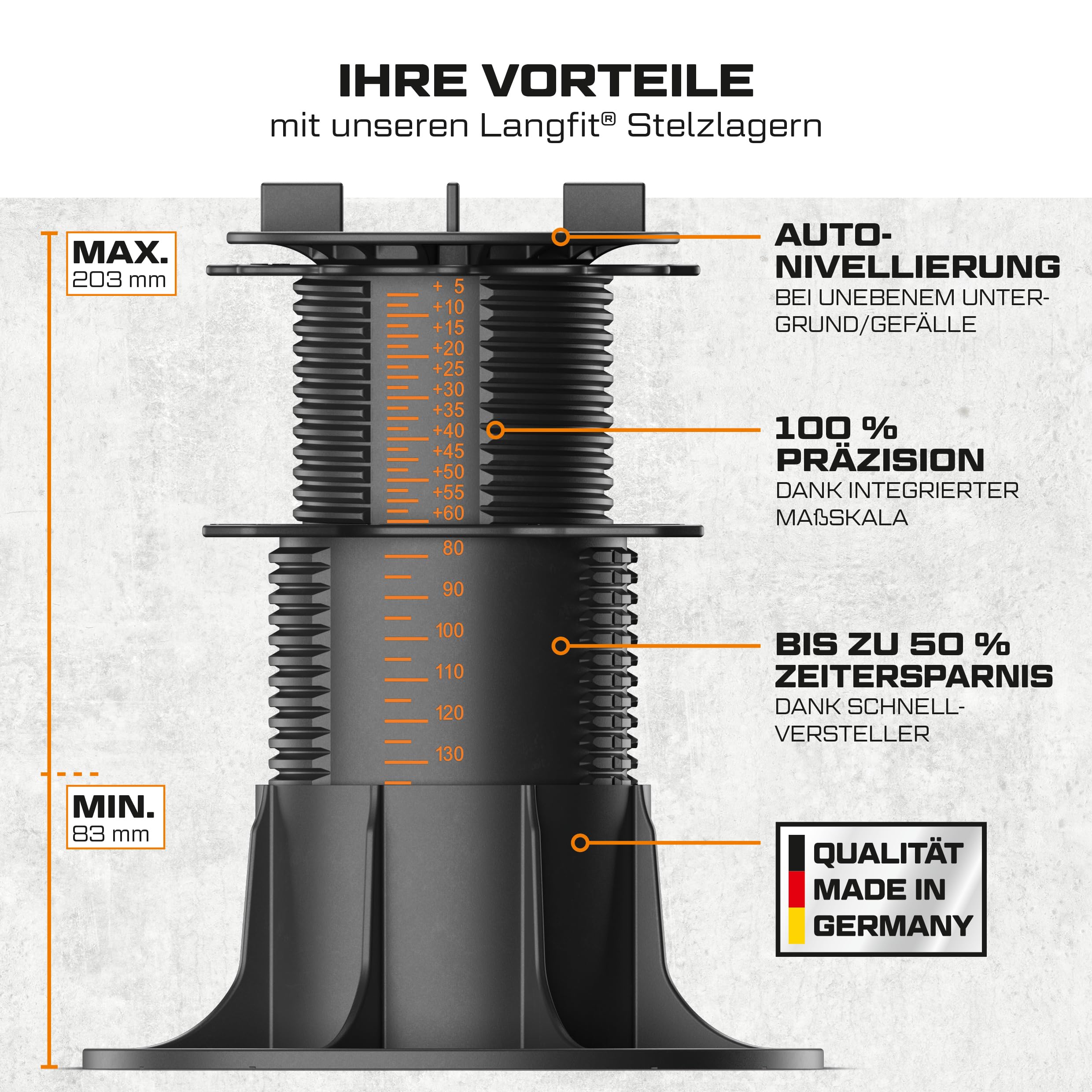 10x LANGFIT® Stelzlager "XL" für Terrassenplatten – Mit Auto-Nivellierung 0-7% – Bis 50% schneller montiert – Mit Maßskala – Stufenlos höhenverstellbar von 83-203mm / Fugenkreuz 3mm – Made in Germany