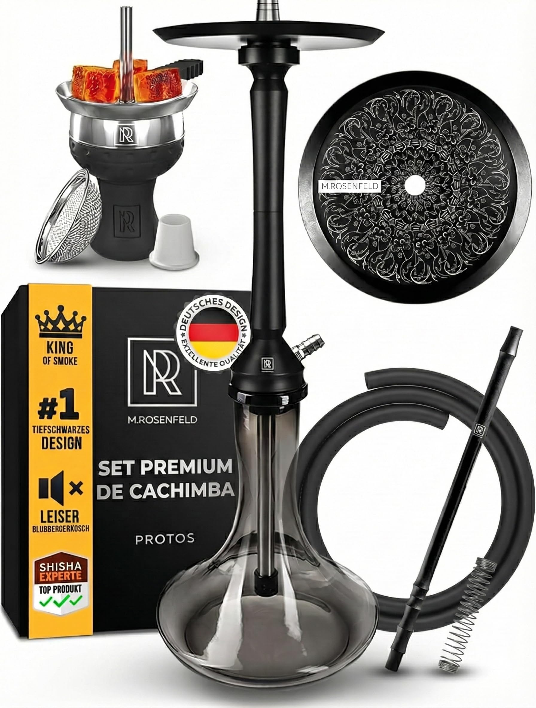 M. ROSENFELD Juego completo de shisha Protos - Juego de cachimba de 75 cm con cuenco enchufable, sistema de drenaje frío, cámara cerrada, tubo de inmersión de acero inoxidable, cabezal de chimenea