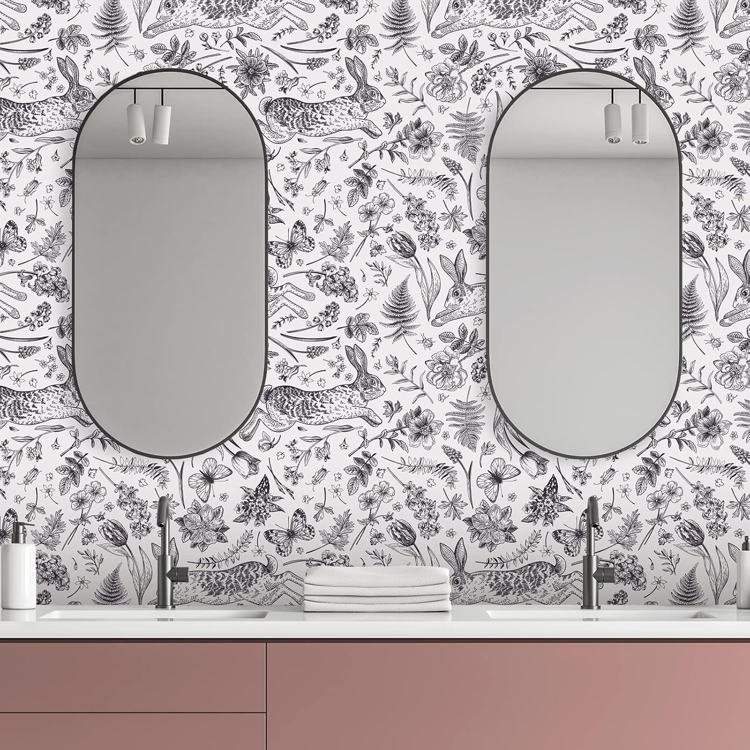 CRE8TIVE 24"x118" Black and White Floral Wallpaper Rabbit Butterfly Peel and Stick Wallpaper Removable Self Adhesive Botanical Floral Contact Paper for Cabinets Flower Leaf Wall Paper for Girl Bedroom