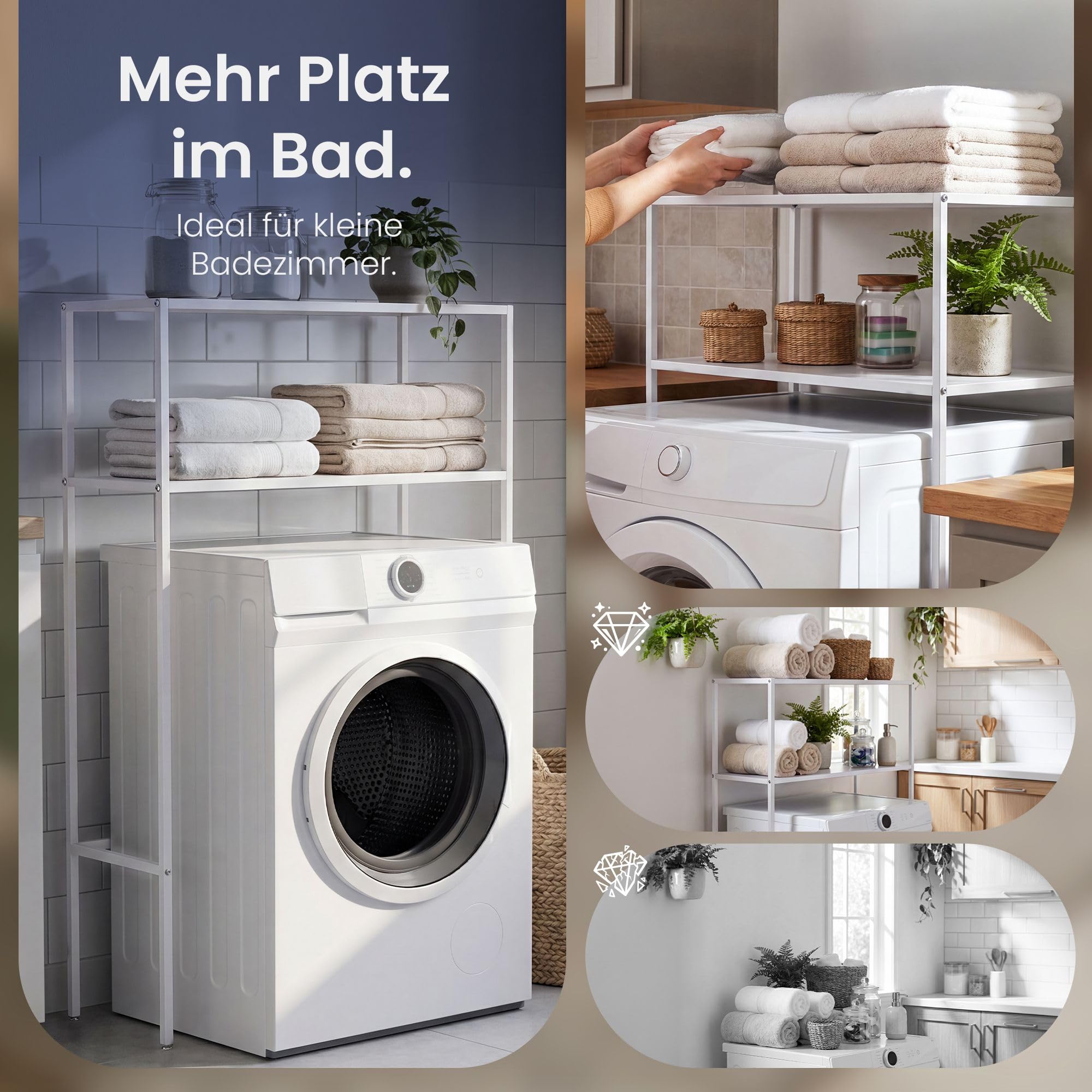 CLP Waschmaschinenregal Überbau Kendal, Überbauregal Waschmaschine und Trockner, Toilettenregal aus Metall, 2 Ablagen für Badezimmer Farbe weiß