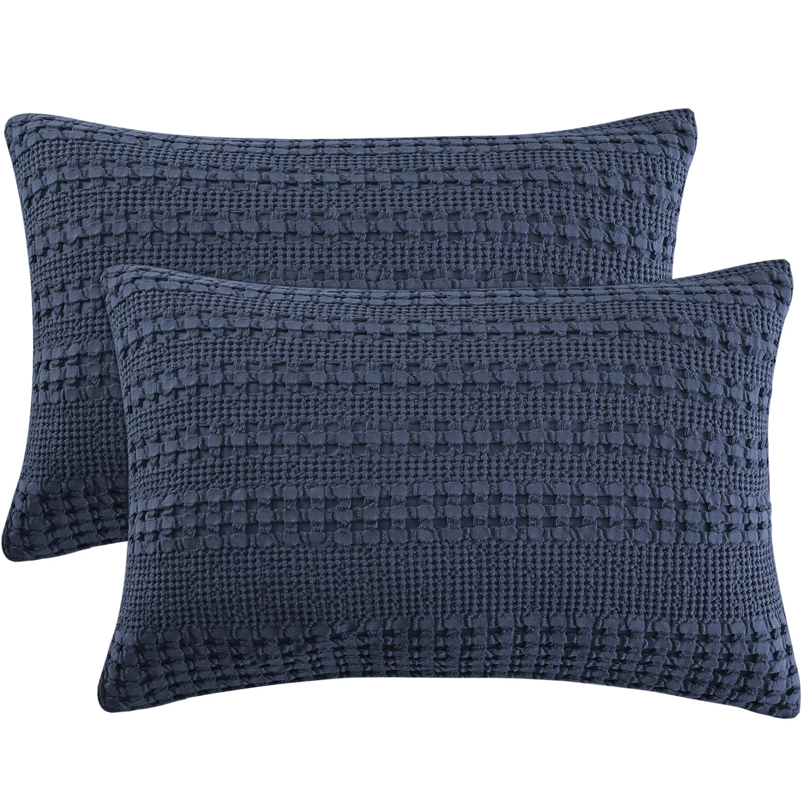 phf 100% cotton waffle pillow shams queen size, 2 pack 20" x 30" soft skin-friendly pillowcases, no filling, aesthetic woven and breathable waffle weave pillow case covers for bed, indigo