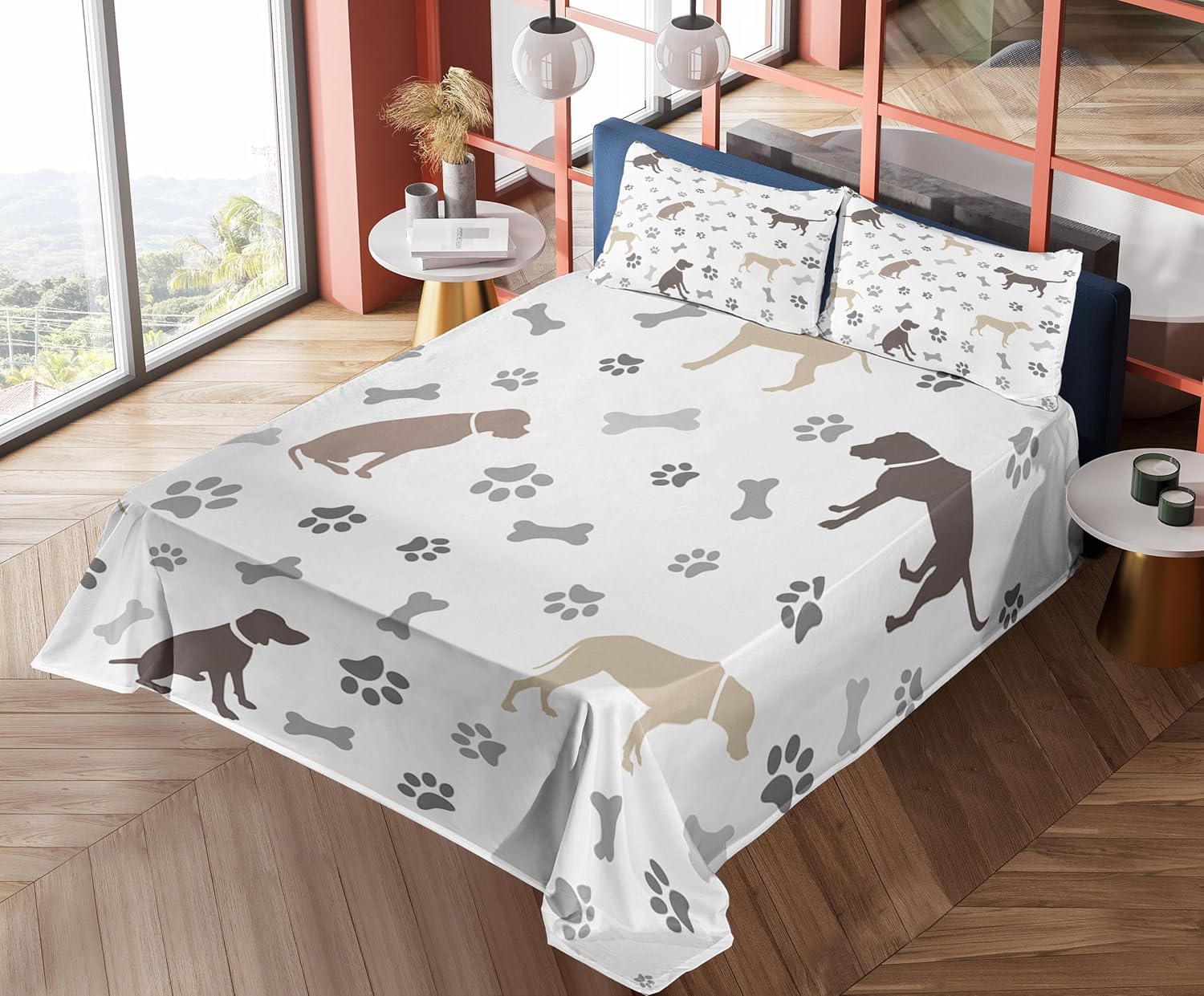 Ambesonne Dog Lover Sheet Set, Paw Print Bones and Dog Silhouettes American Foxhound Breed Playful Pattern, Fitted and Flat Sheet with Pillowcases Bedding Accent 4 Piece Set, Queen, Umber Beige
