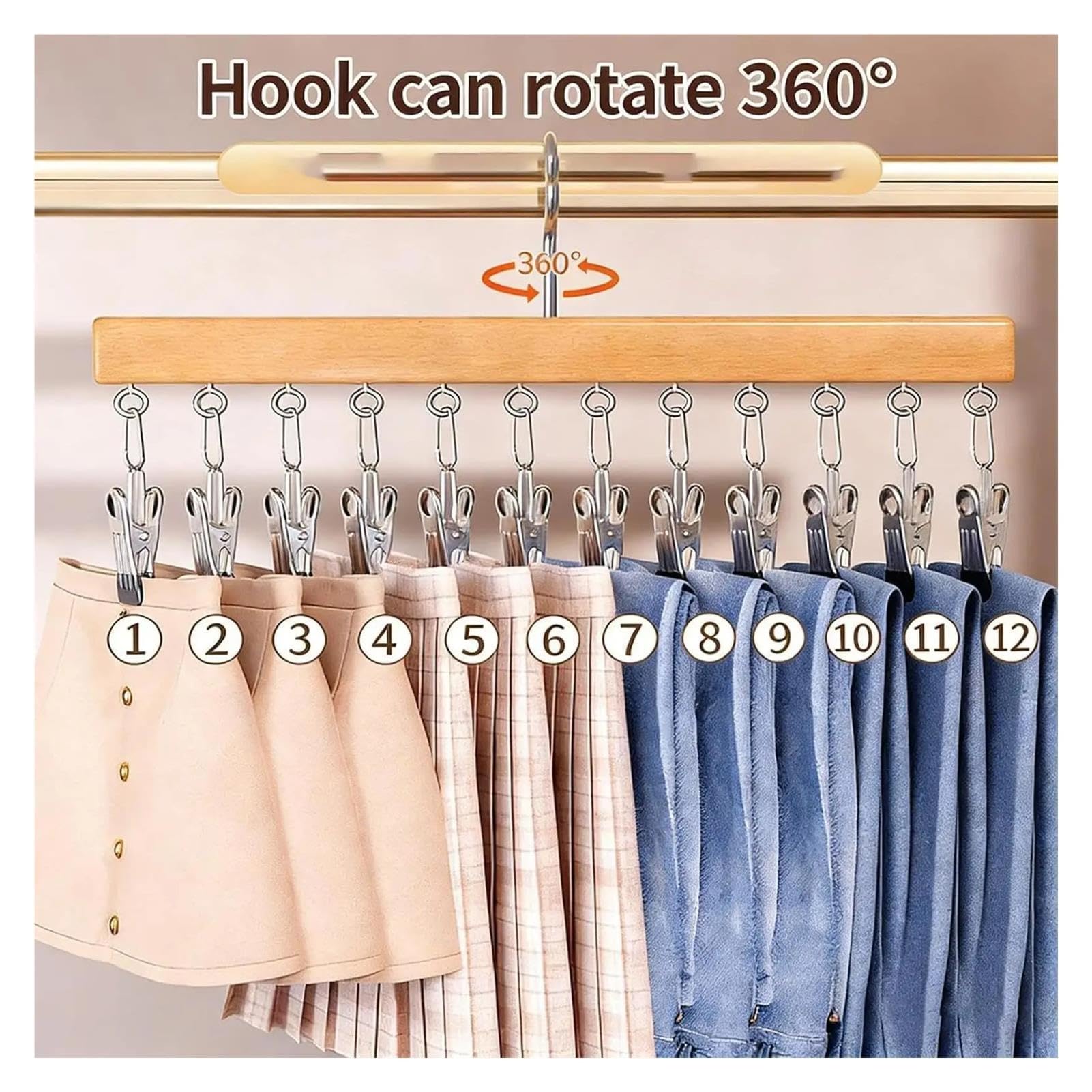 Perchas for Pantalones, Soporte Sombreros con 12 Clips Pantalones Vaqueros, Faldas, Sombreros, Bufandas, Ropa, Cortos(Dark Walnut)