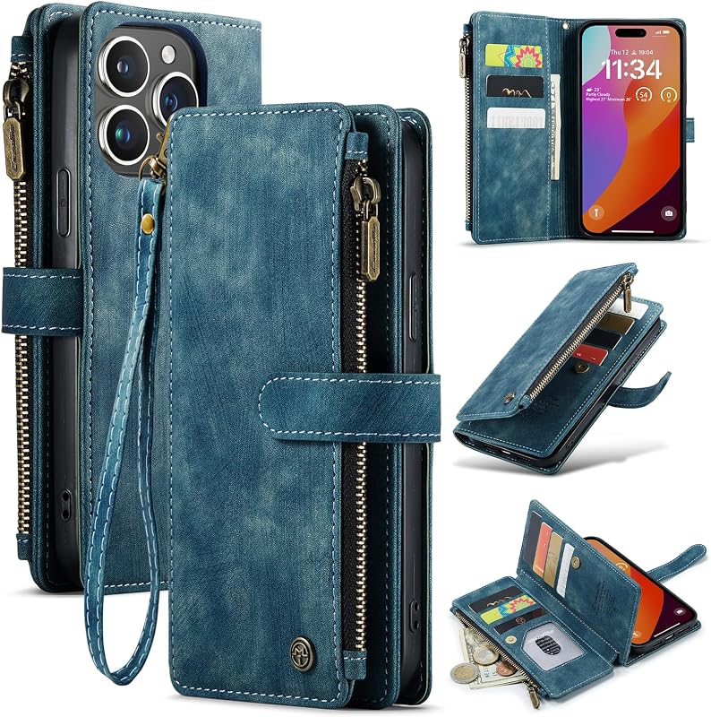 UEEBAI iPhone 16 Pro Tok Retro Cipzáras Bőr Flip Telefontok Mágneses Zárás Kártyatartó Állvány Pénztárca Kék