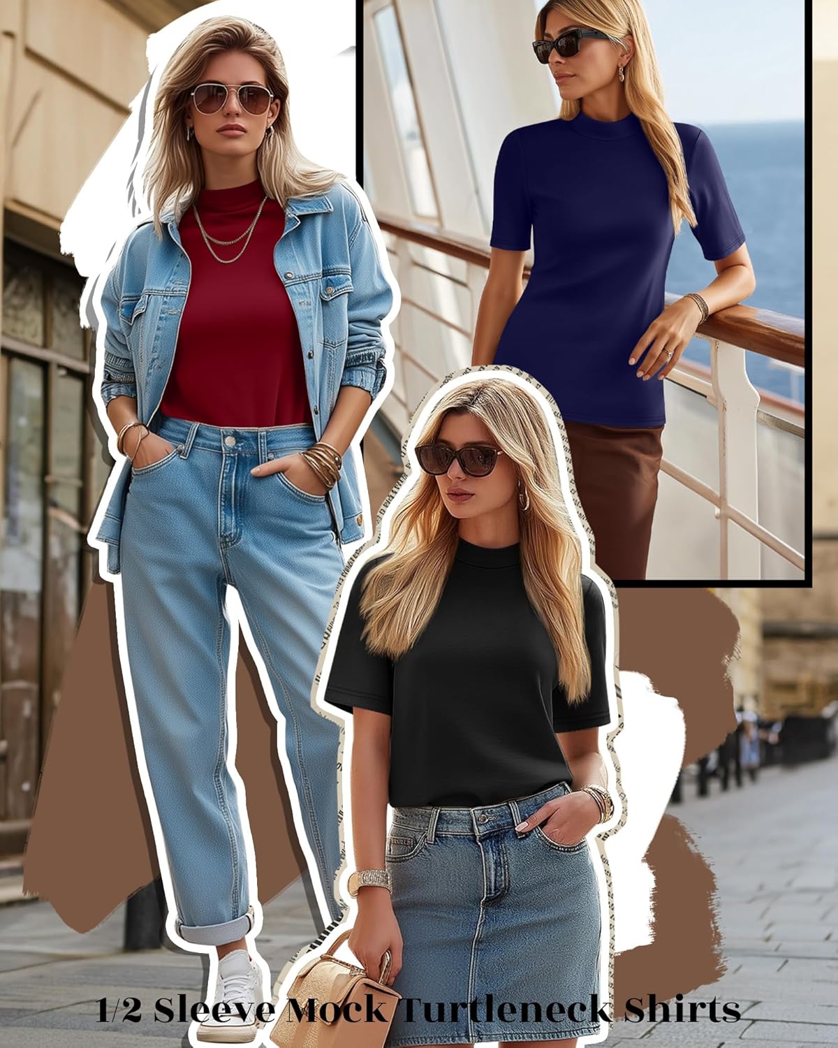 Ficerd 3 Pack Women's Mock Turtleneck T-Shirts 1/2 Half Sleeve Dressy Casual Tunic Tops Slim Fit Summer Basic Tee Shirts 2026 - Image 6