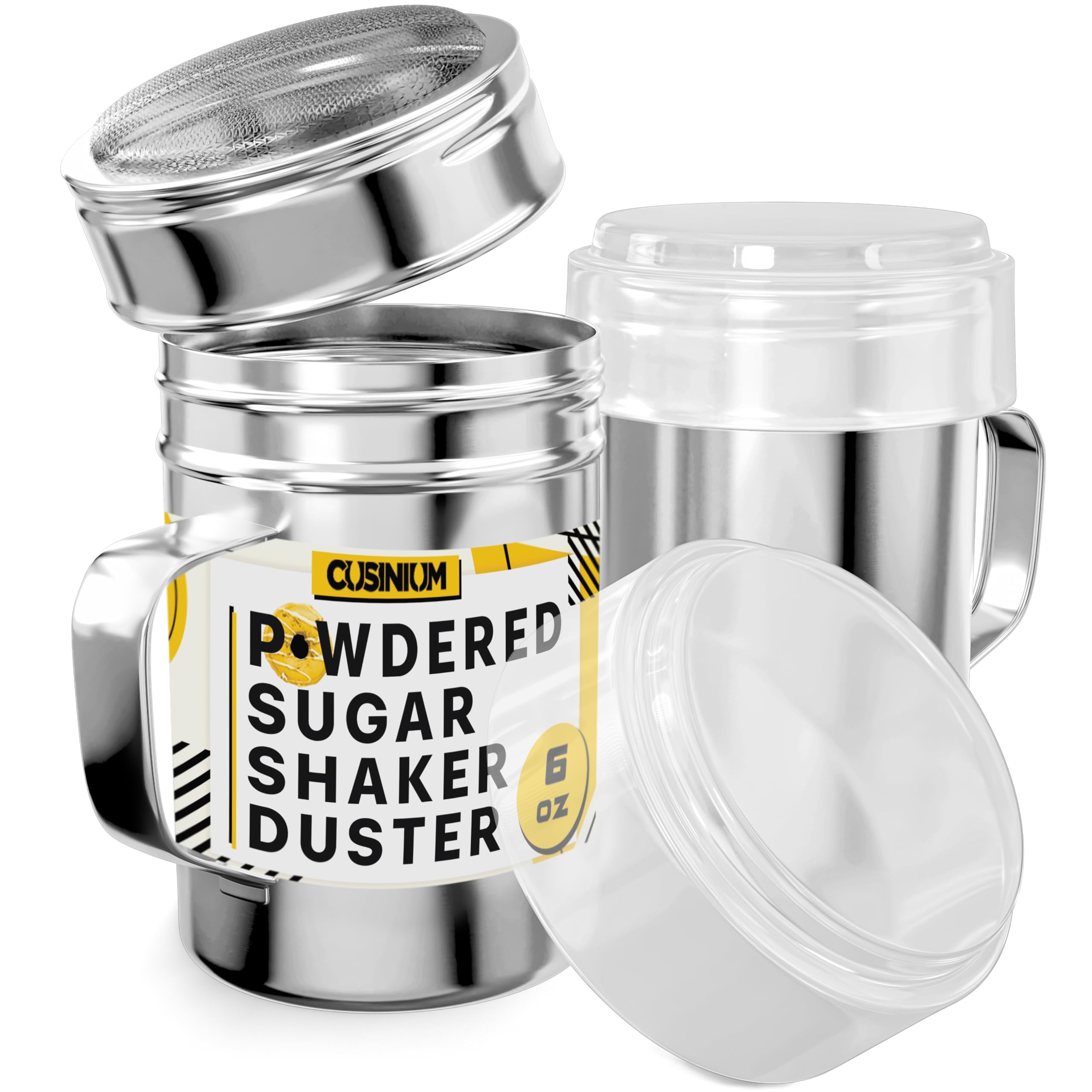 cusinium 6 ounce mini powder sugar shaker with handle - fine mesh - with plastic cap - pack of 2