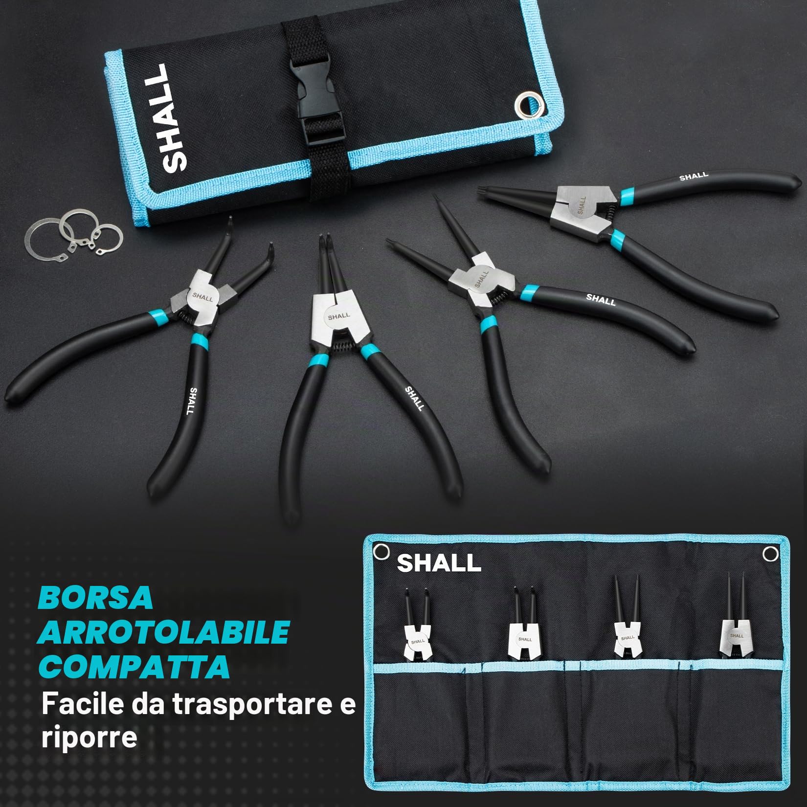 SHALL Pinze per anelli elastici, 4 pezzi da 7 pollici - Pinze per anelli elastici interni ed esterni dritti/piegati (punte a 90°), manici antiscivolo