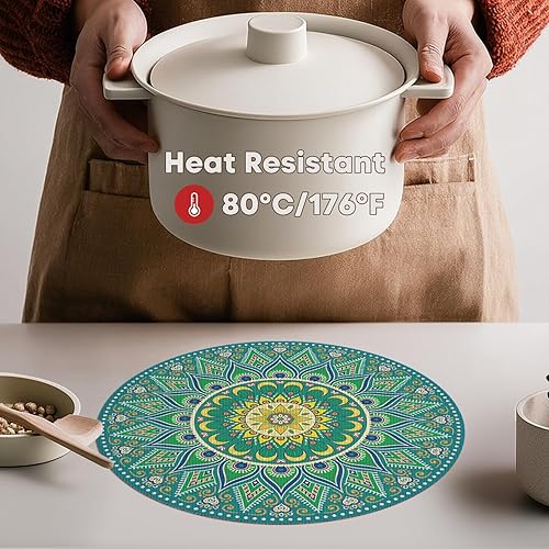 Miniatura 3 de Artoid Mode Juego de 4 manteles individuales de plástico de vinilo con mandala verde, 14 pulgadas, lavables, antideslizantes, tejidos, redondos,