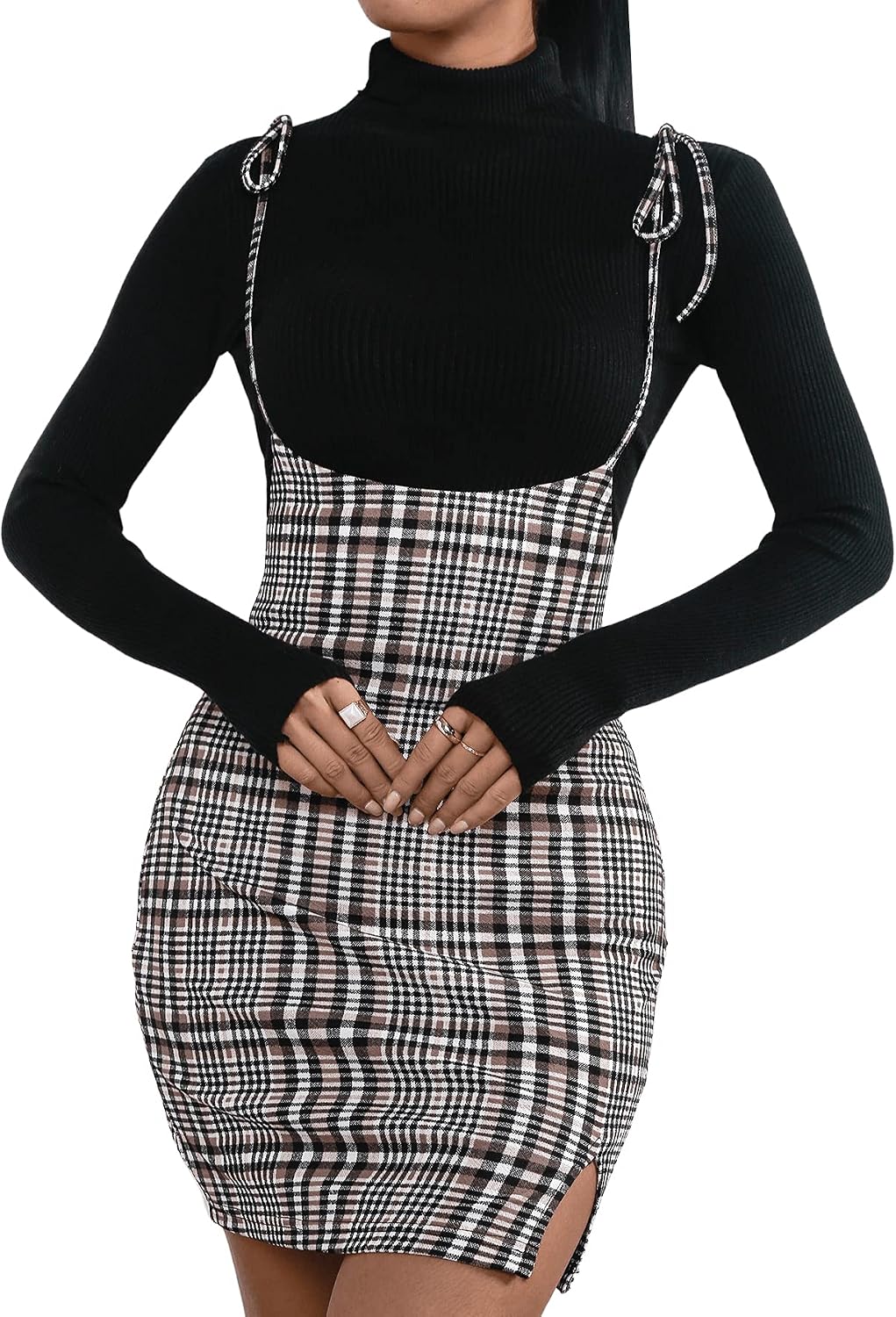 Floerns Women's Plaid Suspender Skirt Tie Shoulder Split Hem Overall Bodycon Mini Dress