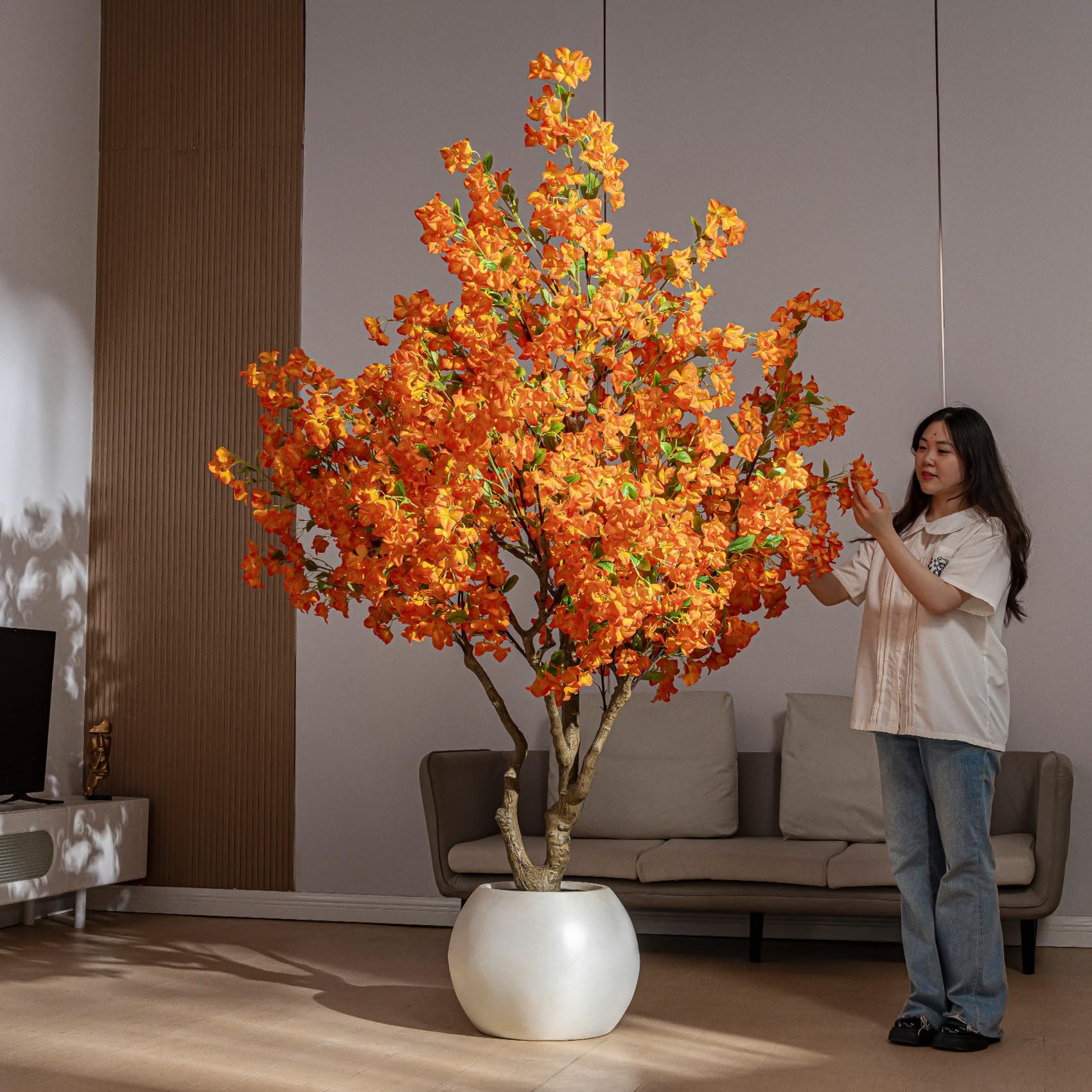 Artificial Bougainvillea Tree, Vibrant Orange Faux Flower Potted Floor Plant, Lifelike Fake with Dense Blossoms for Home(3.5 * 3M)