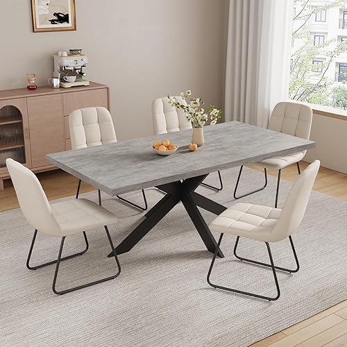 Miniatura 19 de ZckyCine Juego de mesa de comedor extensible de 6 piezas, moderna mesa de madera gris de 63 a 79 pulgadas con 6 sillas de tela gris, mesa de comedor
