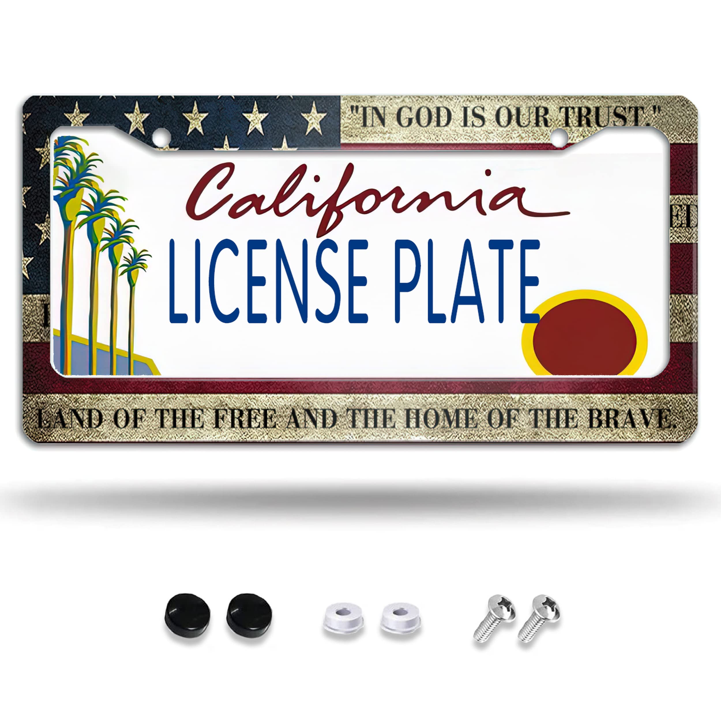 Larkverk American Flag Patriotic License Plate Frame US Flag With Anthem Aluminum Car Tag Cover Frames Decorative Metal License Plate Holder for Women Men Auto Accessories 2 Holes US Standard 12''x6''