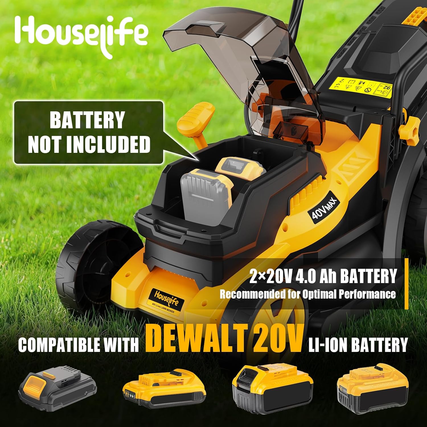 40V Cordless Lawn Mower Compatible with Dewalt 2x20V MAX Battery, 14 Inch Electric Lawn Mower with 35L Grass Bag, 6-Position Height Adjustment, Foldable Push Mower for Yard (Tool Only)