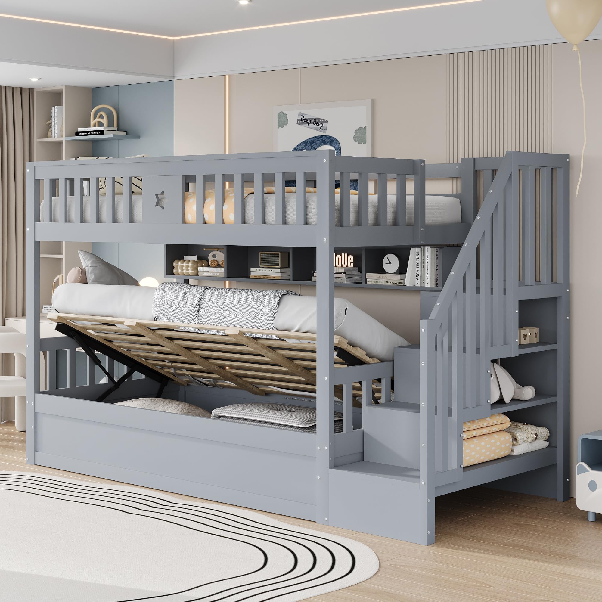 Su & Chan Legence Etagenbett 90x200cm mit hydraulischem Unterbett, Kinderbett mit Stauraumtreppe und Regalen, Holzbett mit Rausfallschutz für 2 Kinder, Grau