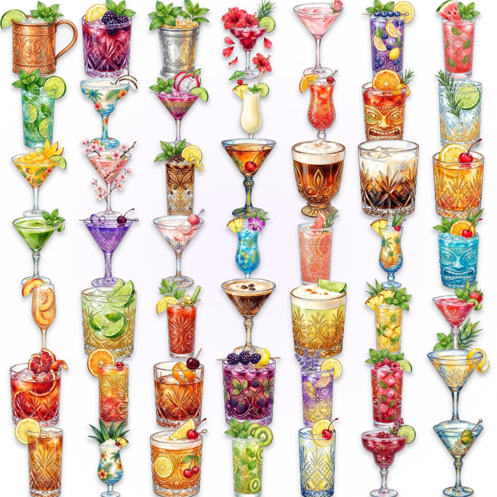 50pcs Transparent Cocktail Stickers, Watercolour Decals for Laptops,WaterBottles,Luggage,Journals,Scrapbooks,Notebooks,Helmets,Bumpers,Walls,Windows,Phones,Guitars,Skateboards,Bikes,Cases