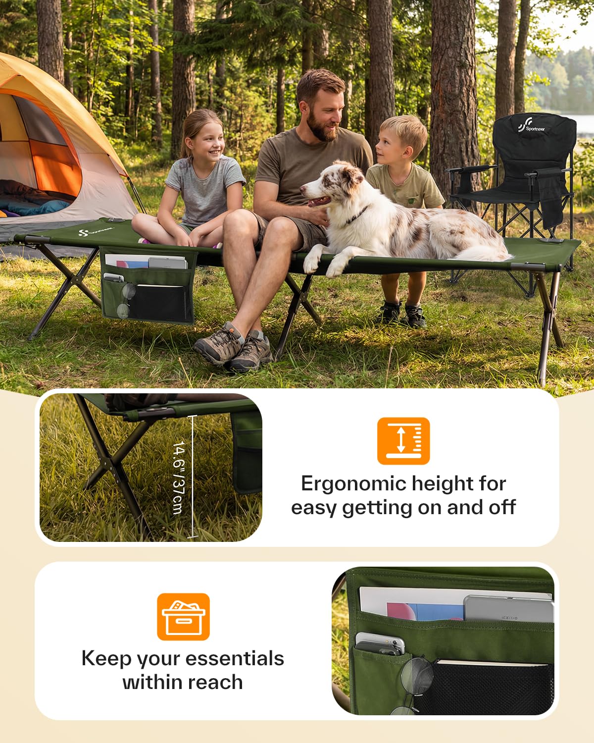 Sportneer Lit de camping, 198,9 x 72,9 x 37,1 cm, lit pliable portable pour adultes avec sac de rangement, supporte 150 kg, compact pour camping, voyage, chambre d'amis à domicile