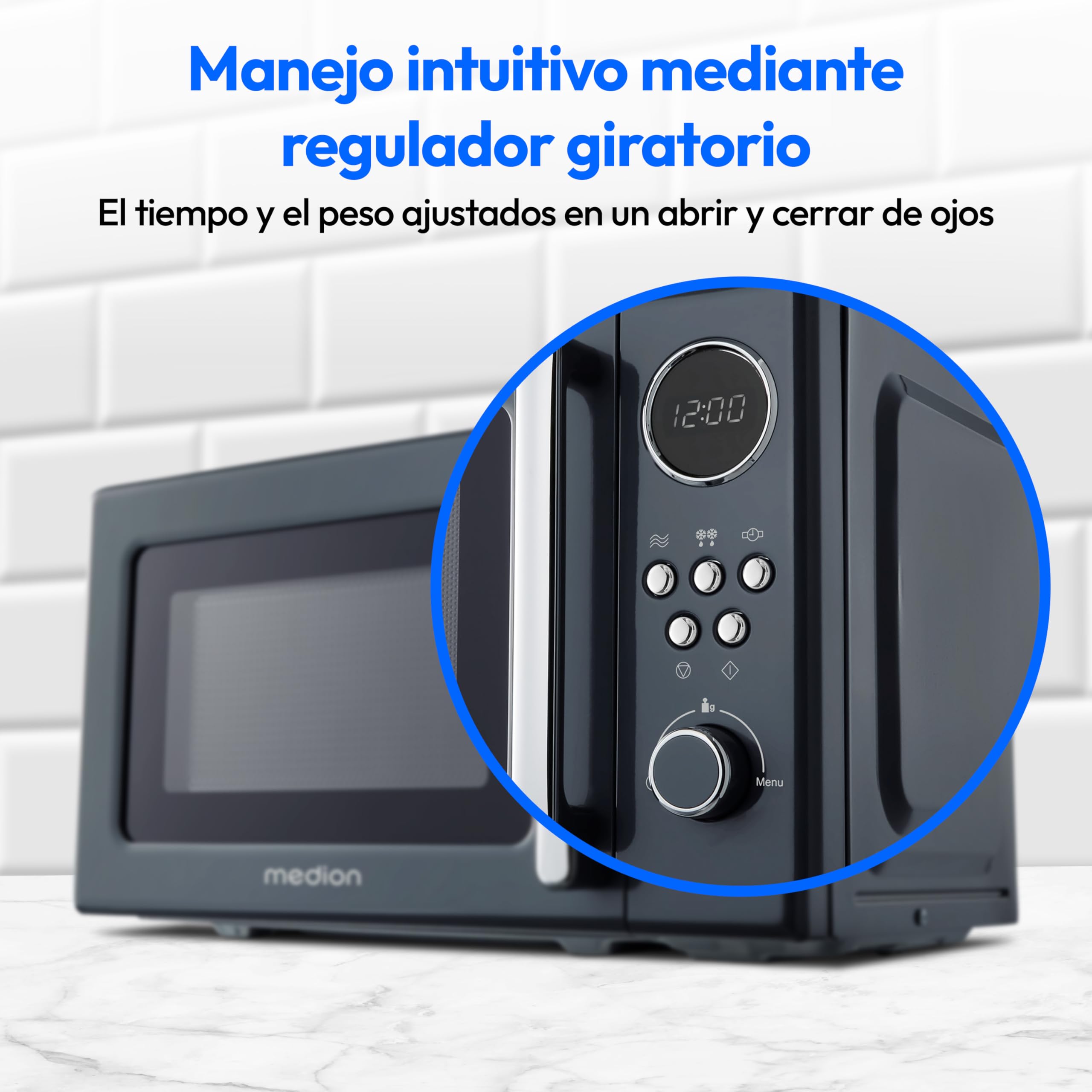 Microondas retro MEDION (20 litros, aprox. 800 vatios, 5 posiciones de microondas, 8 programas automáticos, pantalla digital, función de descongelación, compacto, MD15000) gris