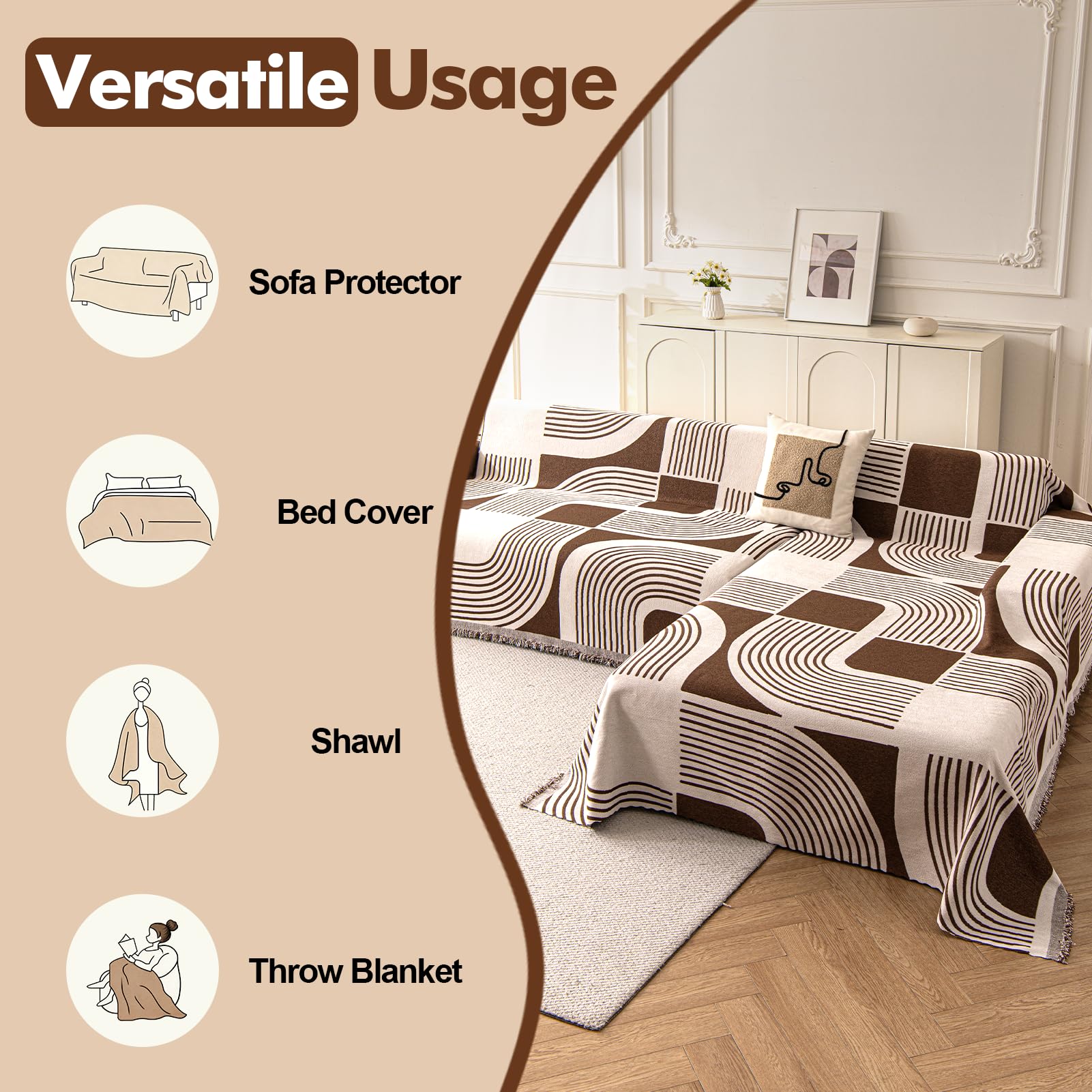 WEYOND Sofa überzug für L-Form Sofas, 180 x 300 cm + 180 x 340 cm, Kaffee | Chenille Sofa Überwurf, Waschbare Bohemian Couch Überzug, Sofaschutz Hund mit Recamiere-Bezug für Ecksofas
