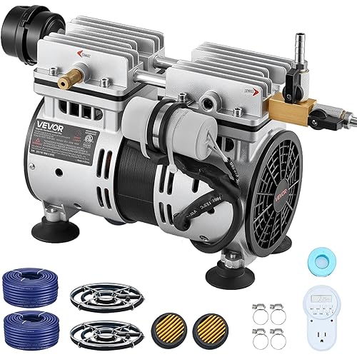 VEVOR Pond Aerators, 5.2CFM Aeration System for Lake up to 3 Acres, 3/4 HP Air Compressor, 2 Diffusesr & Two100' Weighted Tubings, Aeration Pump for Outdoor Ponds & Lakes Deep Water Oxygen Circulation