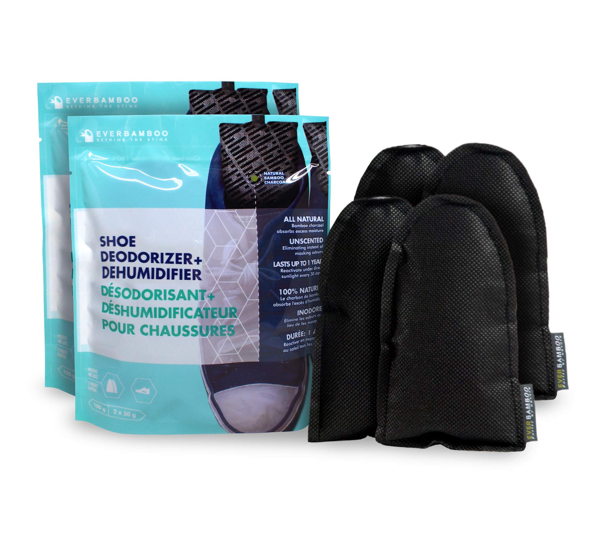 Ever BambooShoe Deodorizer Bag Set w/Natural Bamboo Charcoal, Black,