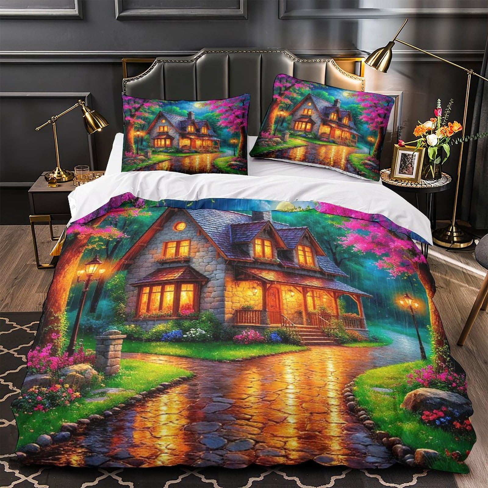 Linge de lit imprimé 3D paysage microfibre 220x240 cm avec housses d'oreillers King